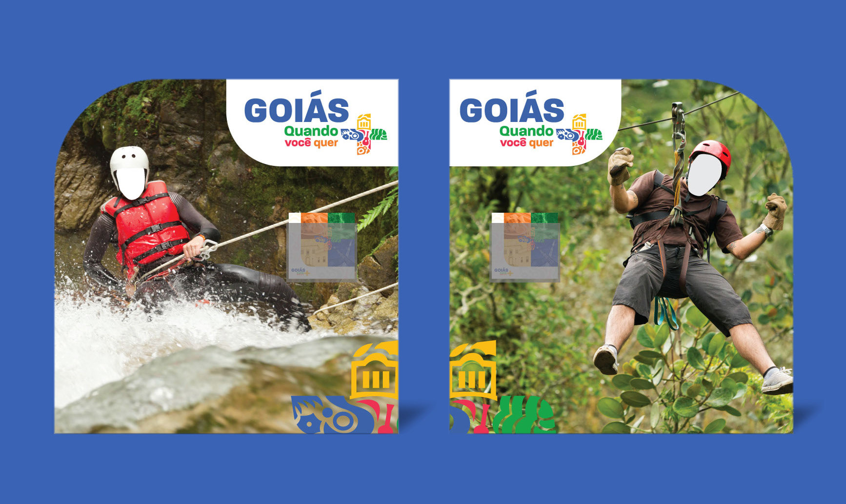 Painel para fotos da Campanha "Goiás, quando você quer +", com imagens de esportes de aventura e espaço para colocar a cabeça.
