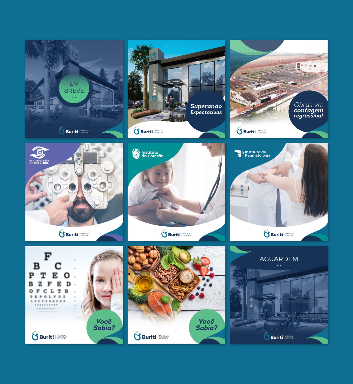 Posts para rede social do Buriti - Medical Center, com logo, imagens e frases, nas cores azul, verde e branco.