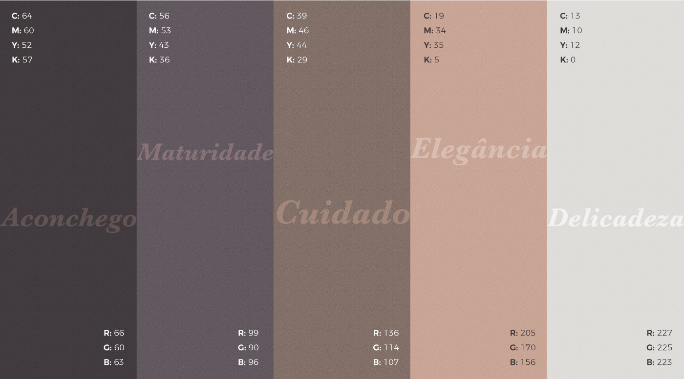 Paleta de Cores da marca Eick & Rocha Advogadas, tons de marrom e cinza, transmitindo aconchego, maturidade, cuidado, elegância e delicadeza.