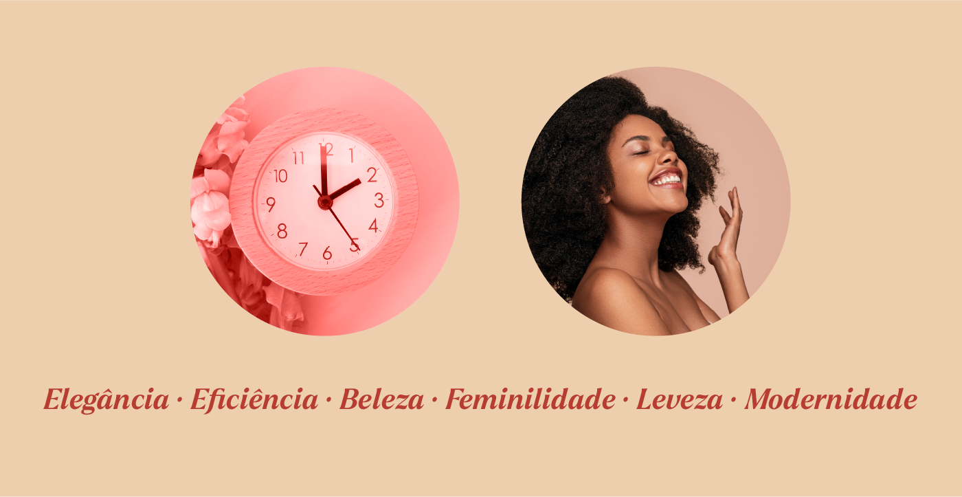 Banner dividido: à esquerda, relógio rosa com flores; à direita, mulher alegre. Texto: Elegância, Eficiência, Beleza, Feminilidade, Leveza, Modernidade.