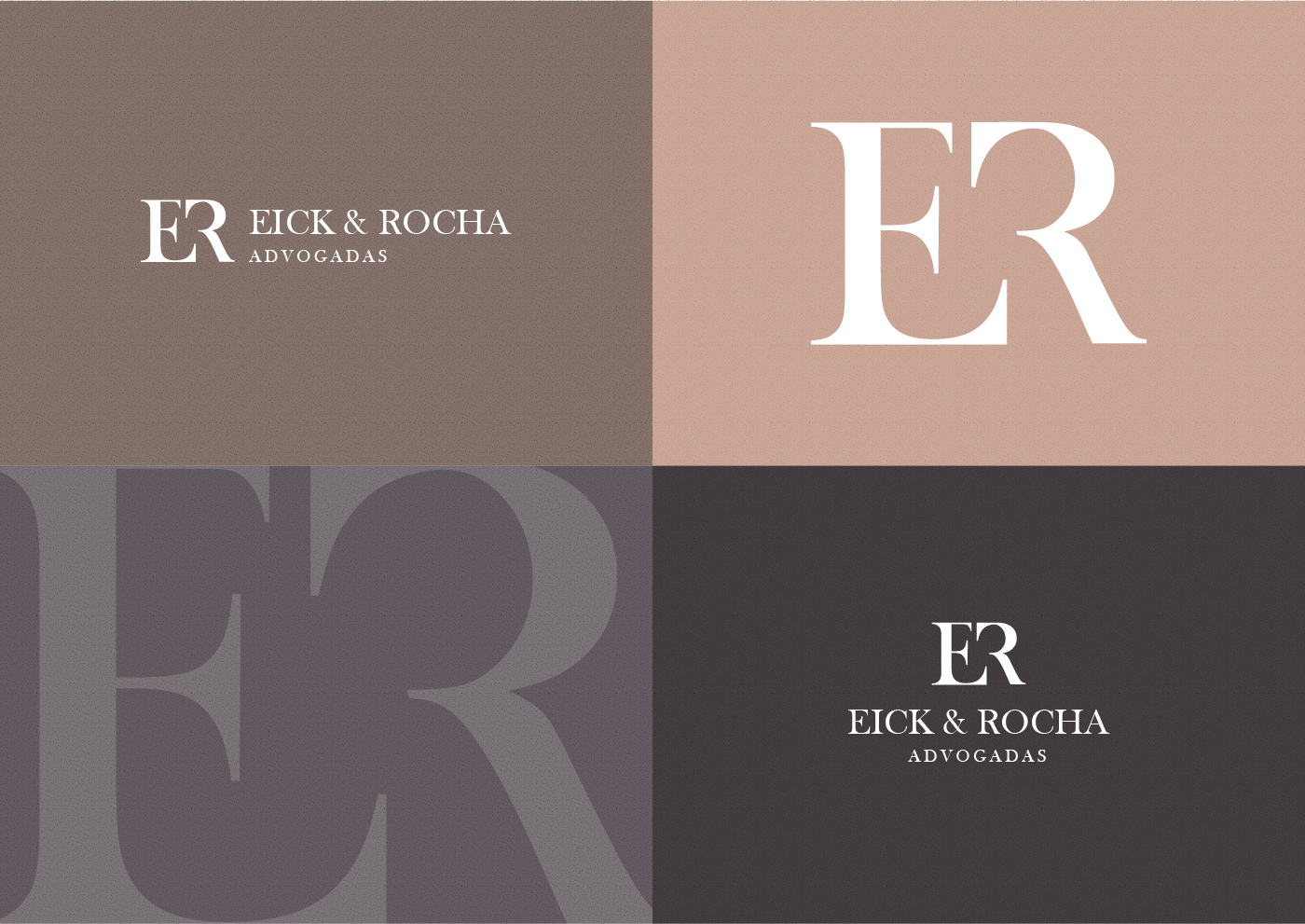 Versões do logotipo da Eick & Rocha Advogadas, horizontal, vertical, cores marrom, cinza, creme e branco.