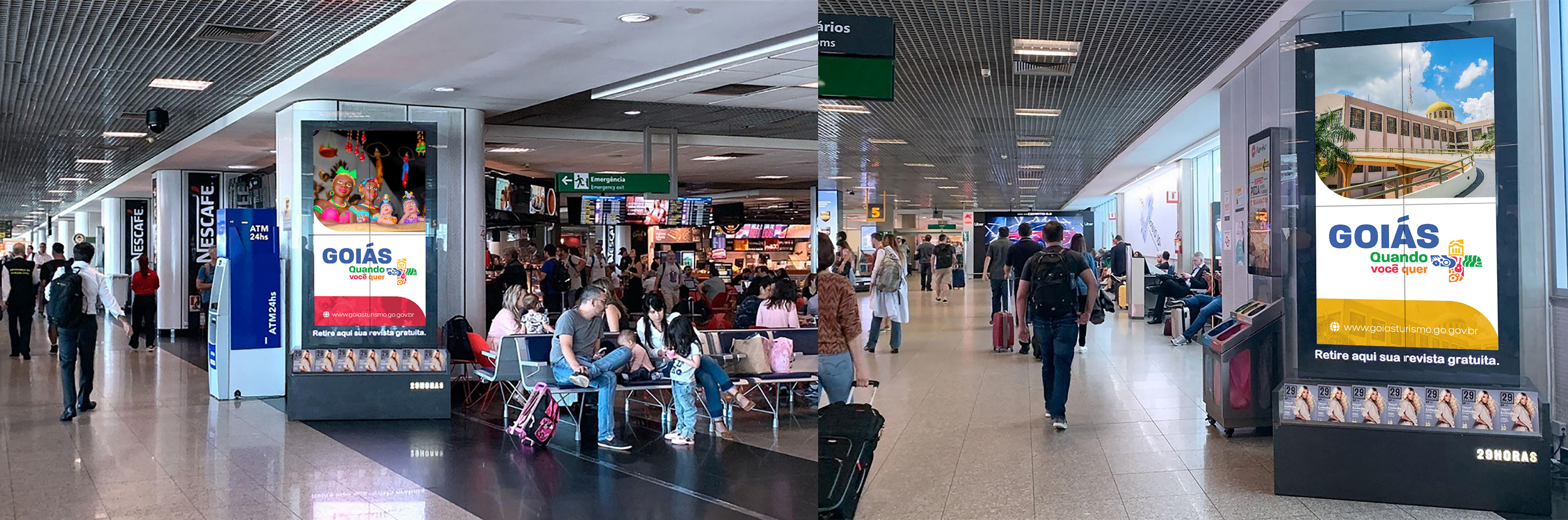 Totem digital de divulgação da Campanha "Goiás, quando você quer +" em aeroporto.