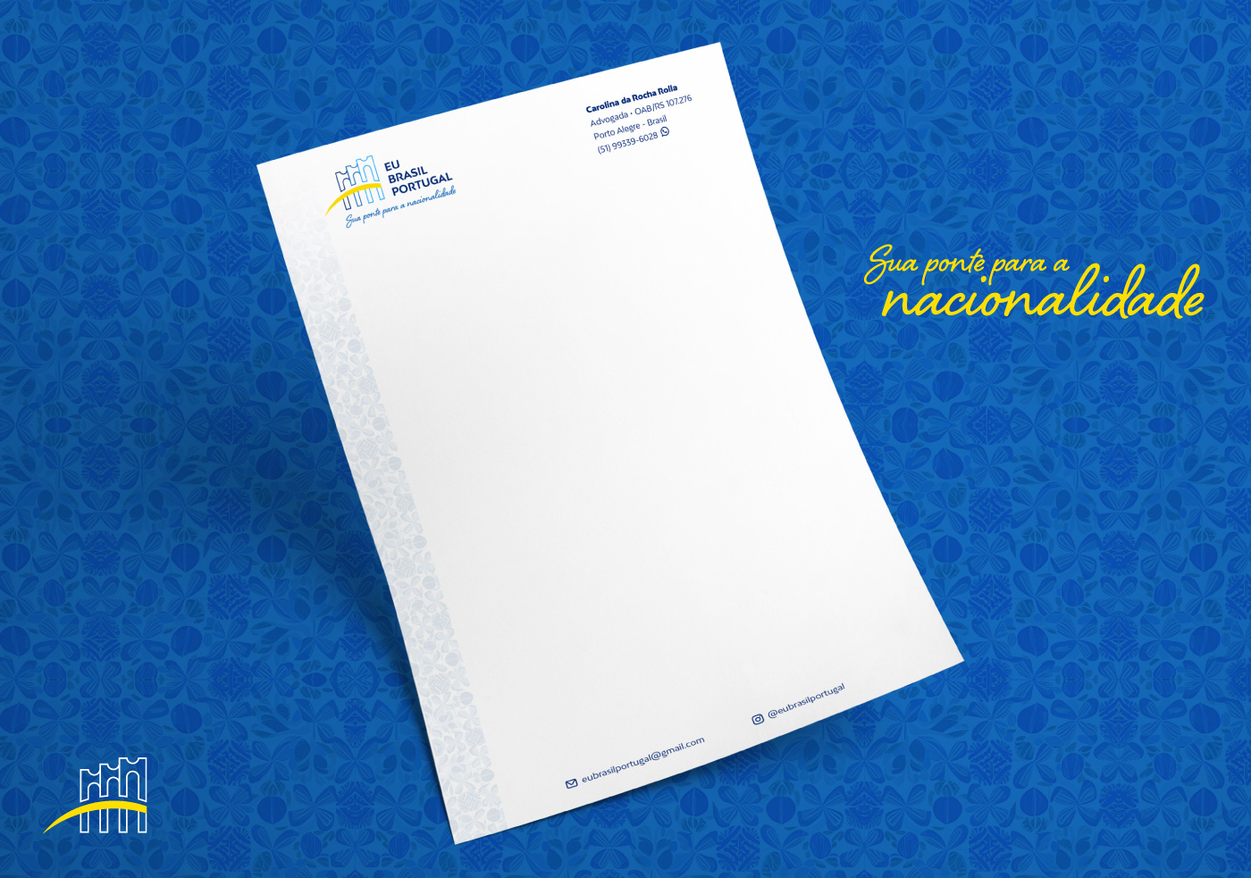 Fundo azul com textura de elementos da natureza, folha de papel timbrado com o logo "Eu Brasil Portugal" e informações de contato.