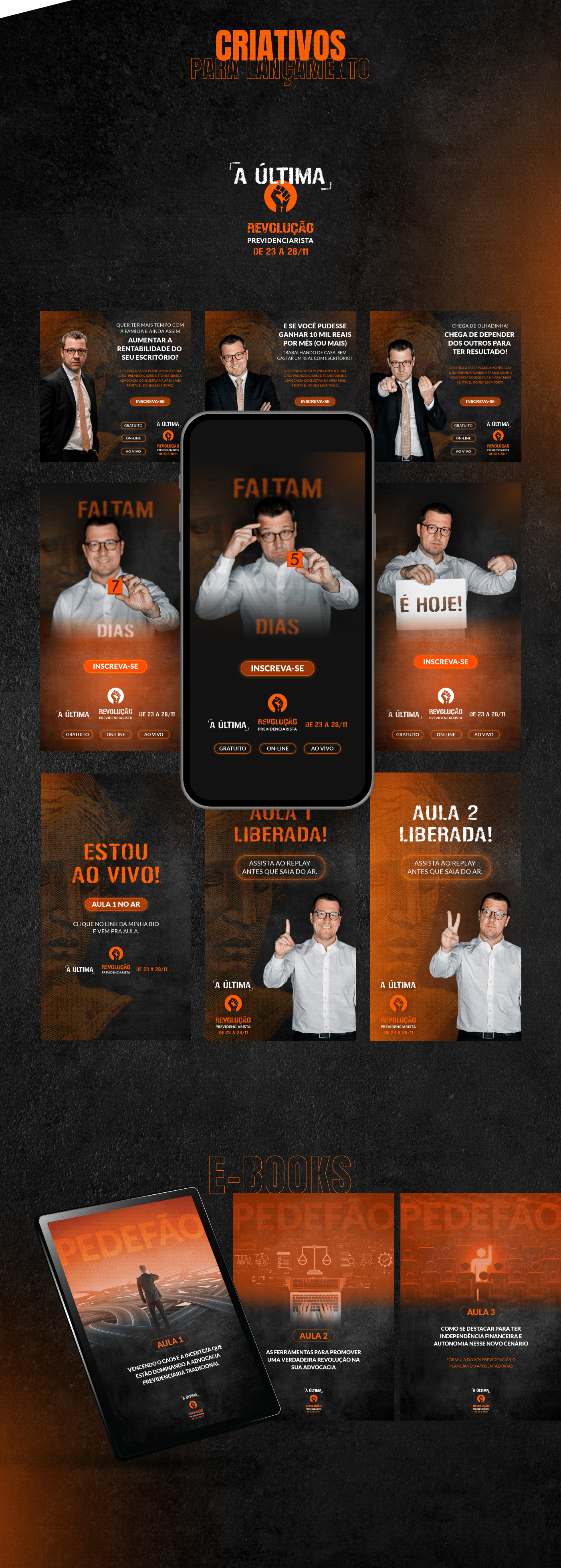 Criativos para lançamento de Márcio Hartz, advogado previdenciarista. Posts e stories para Instagram e e-book.