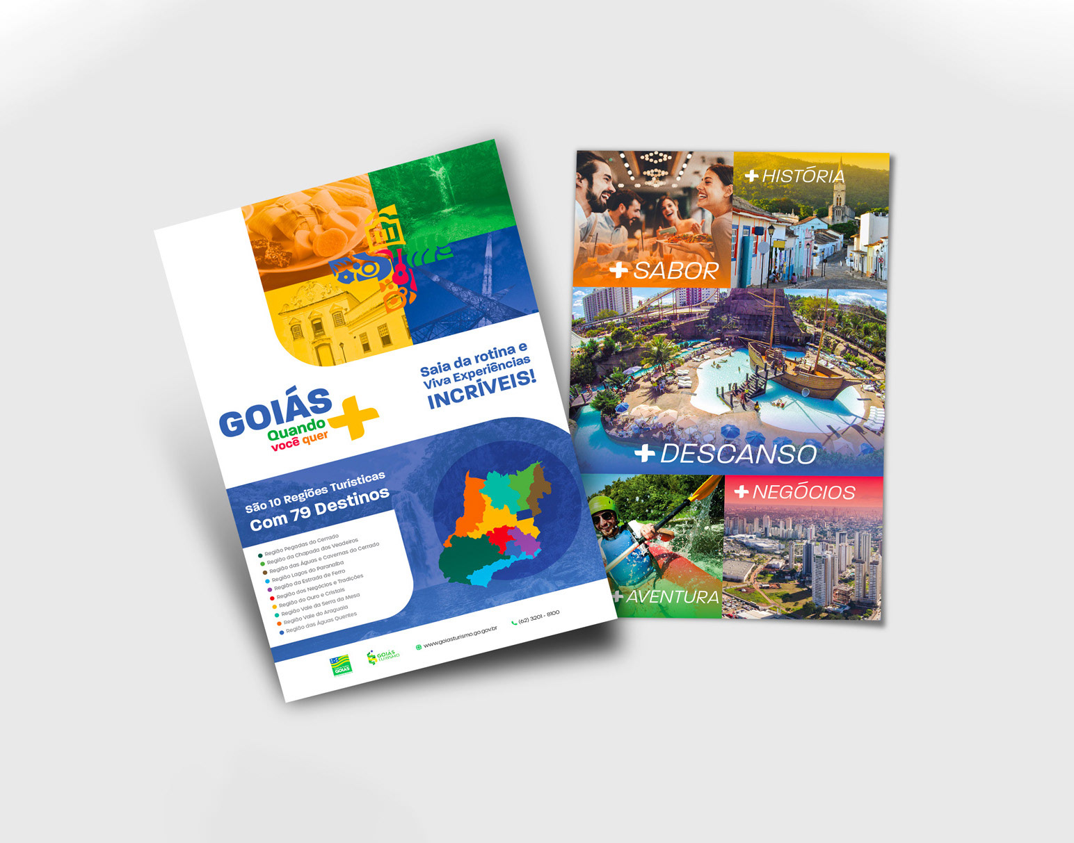 Panfleto da Campanha "Goiás, quando você quer +", colorido, chamando a atenção para as diversas formas de turismo de Goiás.