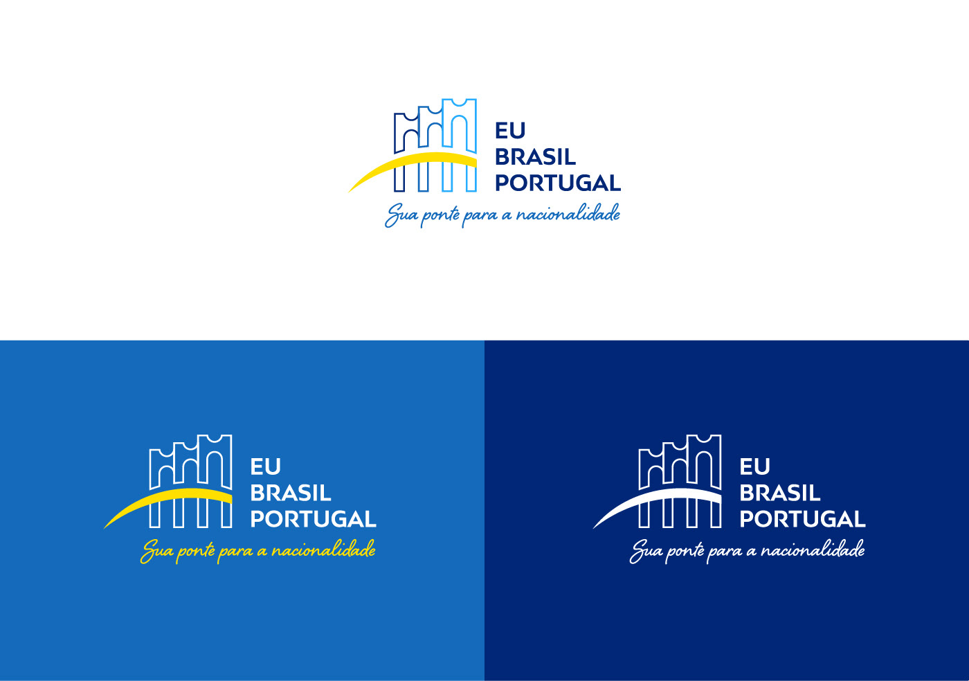 Versões do logo "Eu Brasil Portual" com tag abaixo e em diferentes cores de fundo, tons de azul e branco.