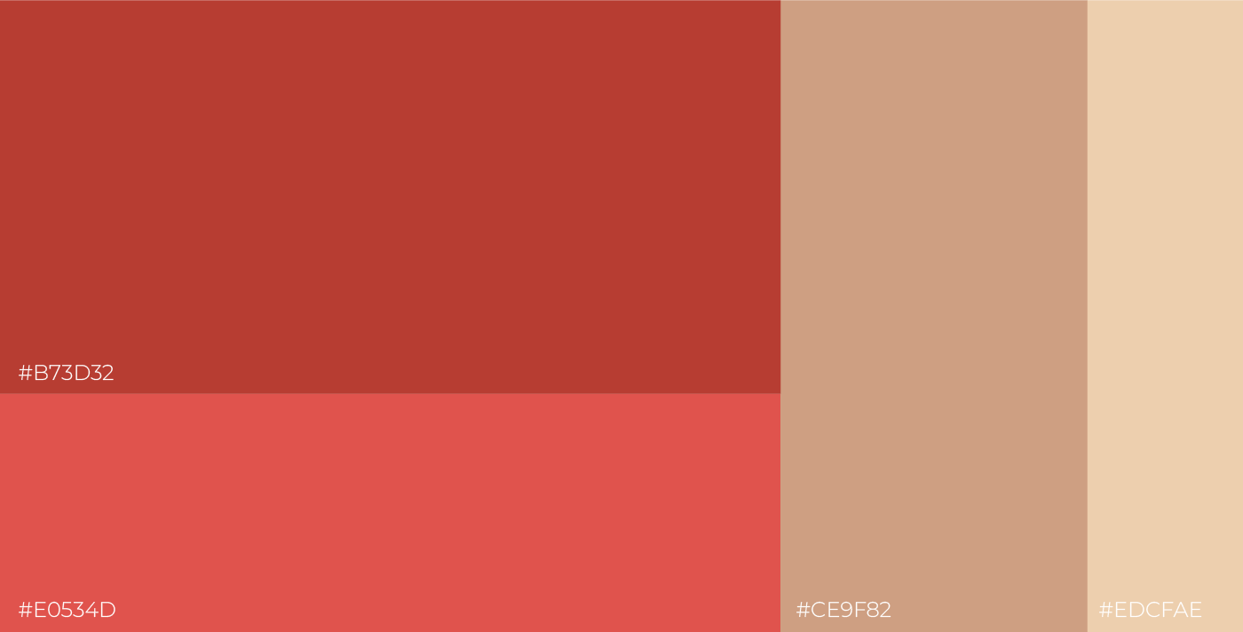 Paleta de cores em degradê de vermelhos e bege com códigos hexadecimais: #B73D32, #E0534D, #CE9F82, #EDCFAE.
