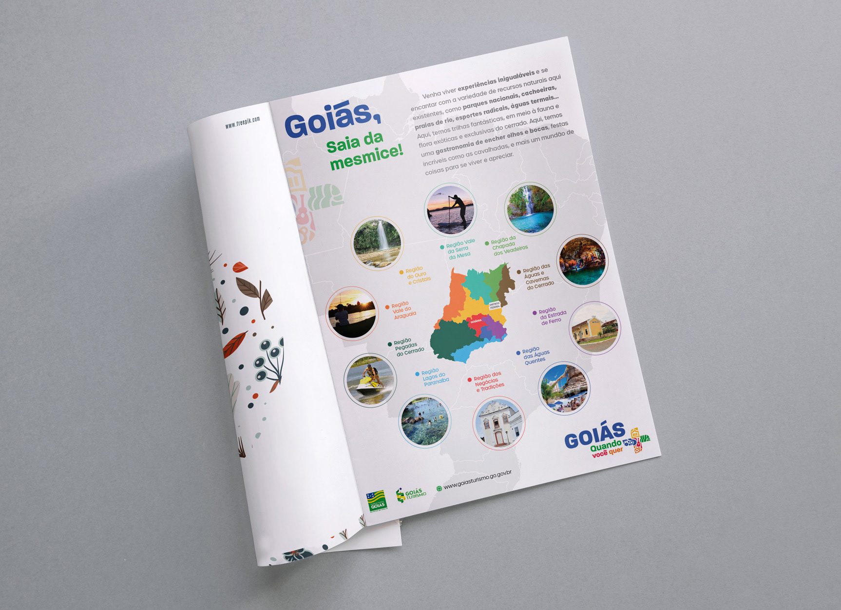 Anúncio de revista com a frase "Goiás, saia da mesmice!", e o mapa de Goiás no centro, mostrando as opções turísticas do Estado.