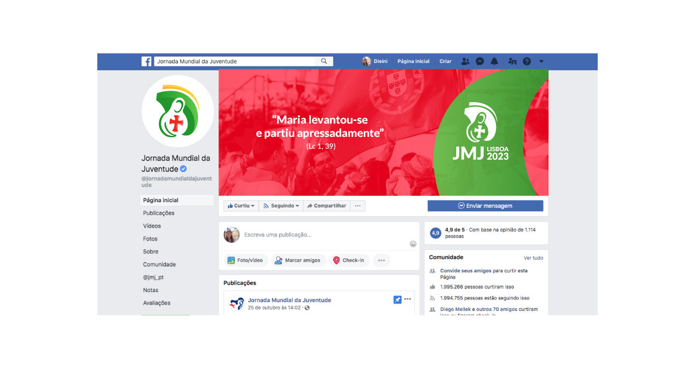 Capa para facebook da JMJ Lisboa 2023, com logo, tema, nas cores vermelho, verde e branco.