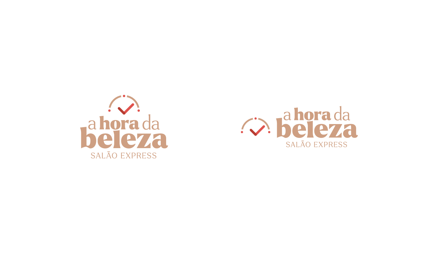 Logotipos de 'A Hora da Beleza Salão Express' em bege, com ícone de relógio vermelho indicando eficiência e foco no tempo.