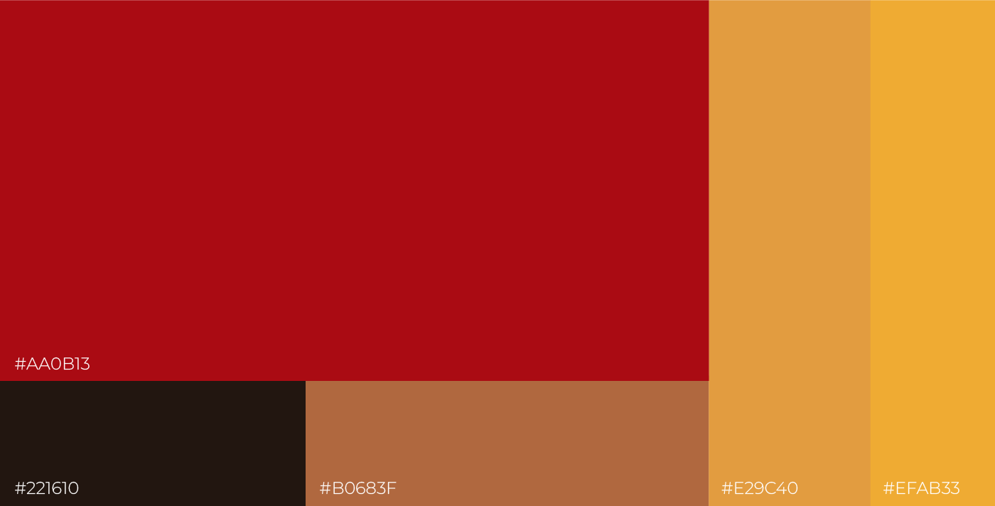 Paleta de cores vibrantes variando de vermelho escuro a laranja, com códigos hexadecimais #AA0B13, #221610, #B0683F, #E29C40 e #EFAB33.