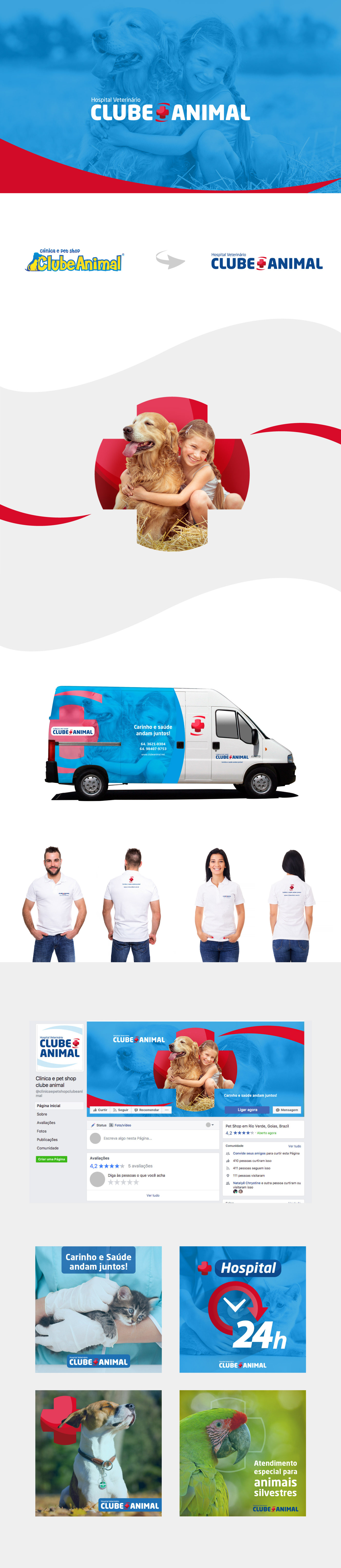 Antes e depois da identidade visual do Hospital Veterinário Clube Animal, redesign profissional e moderno, cores azul e vermelho.