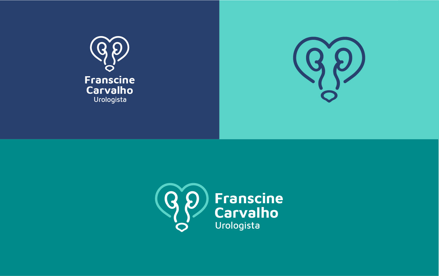 Versões do logo de Francine Carvalho Urologista, horizontal e vertical, em diferentes cores de fundo, azul e verde.