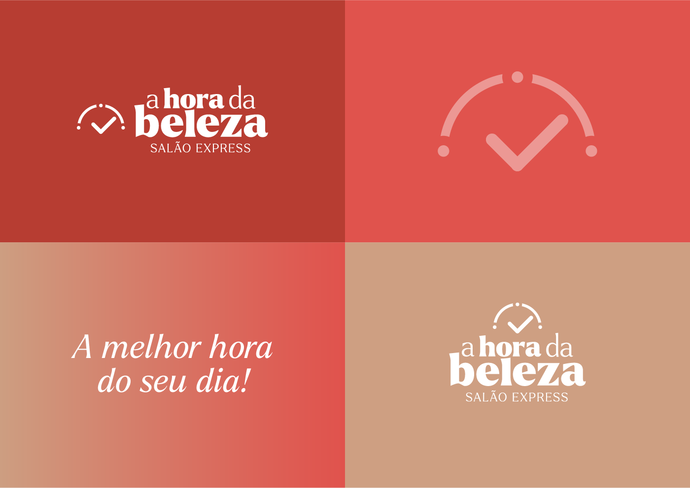Quatro variações de design para 'A Hora da Beleza Salão Express', com logos e o slogan 'A melhor hora do seu dia!' em tons de vermelho e bege.