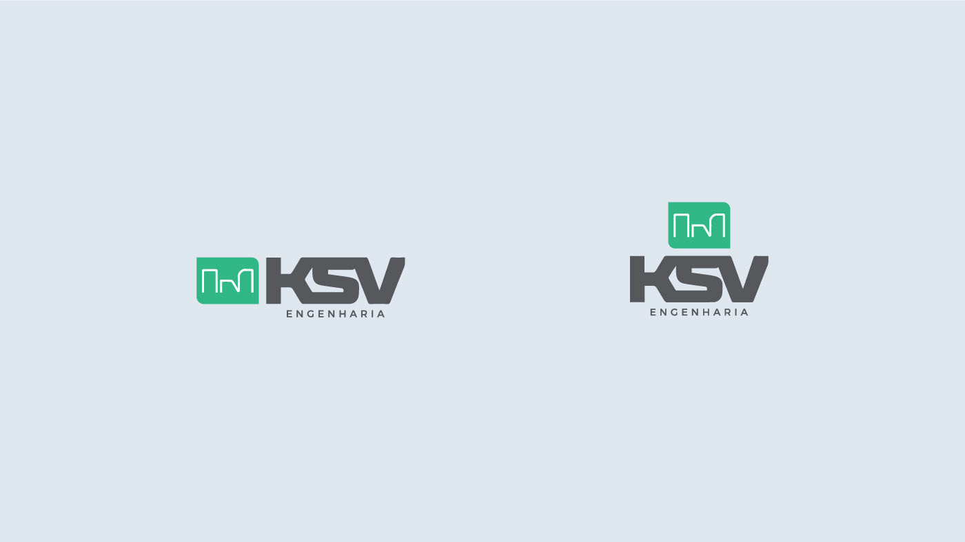 Versões do logo da KSV engenharia, versão vertical e horizontal, na cor cinza e verde.