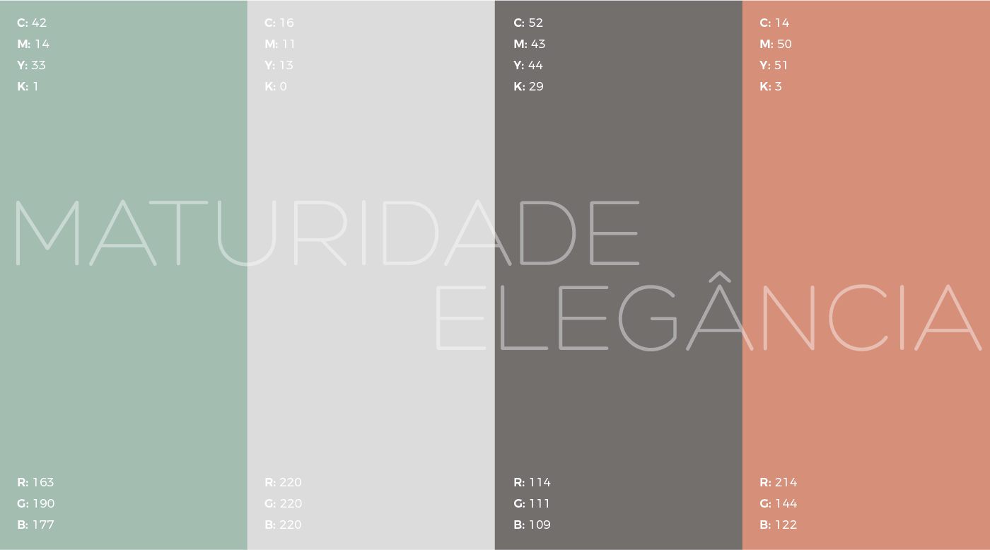 Paleta de cores de coloproctologista, cores verde, cinza claro e escuro e salmão, transmitindo maturidade e elegância.