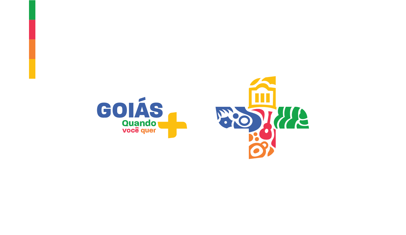 Logo representativo do turismo de Goiás com imagens culturais e naturais, composto por cores vibrantes e design em forma de sinal de mais.
