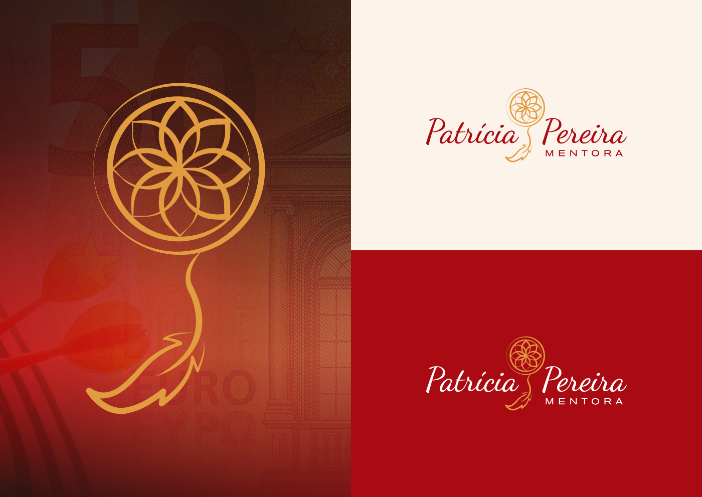 Marca pessoal para Patrícia Pereira com logo em dourado e vermelho sobre fundo texturizado, representando profissionalismo e inovação.