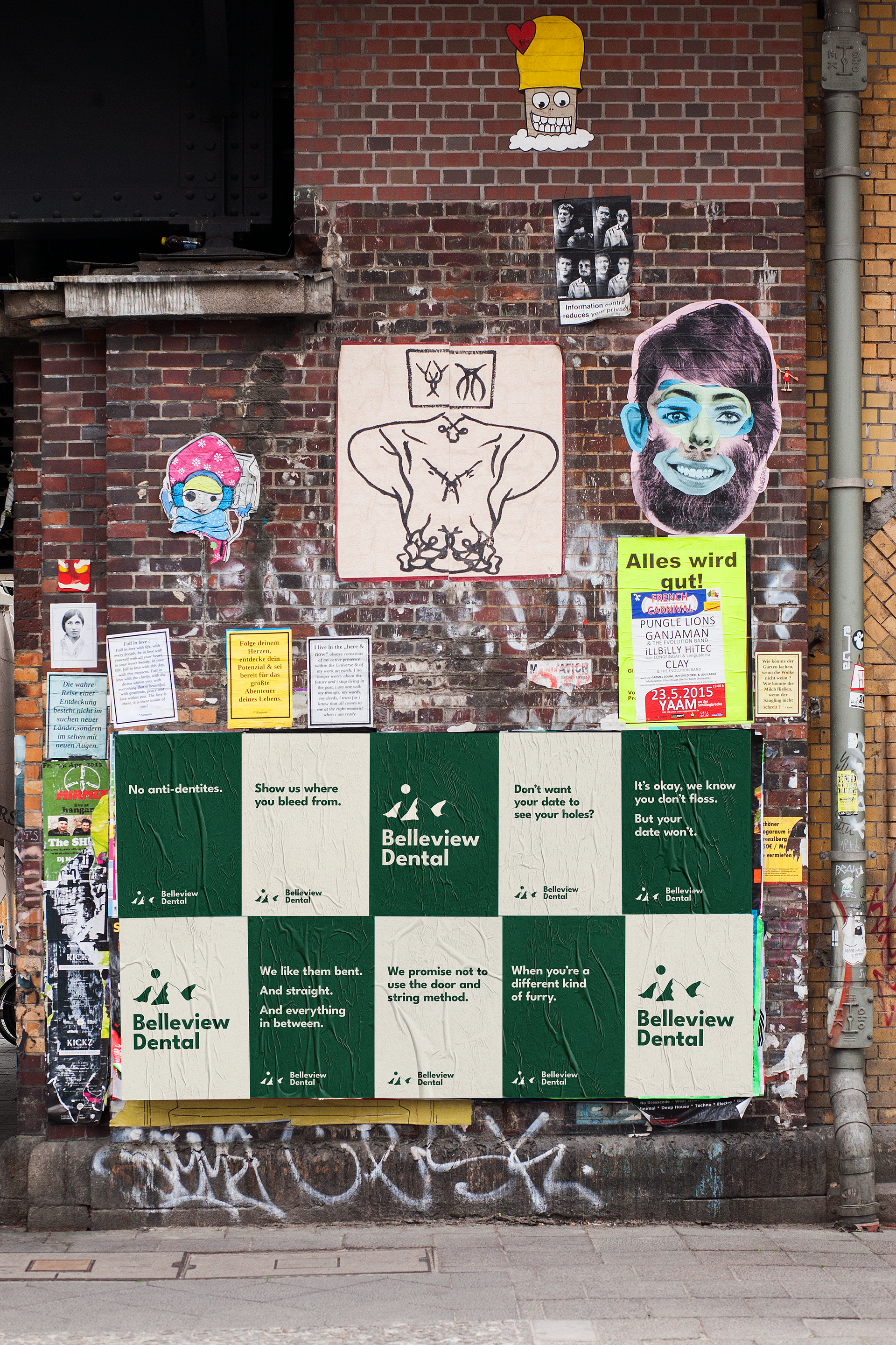 Eight urban posters in forest green and off white with various text and slogans relating to denistry along with the Belleview Dental logo.