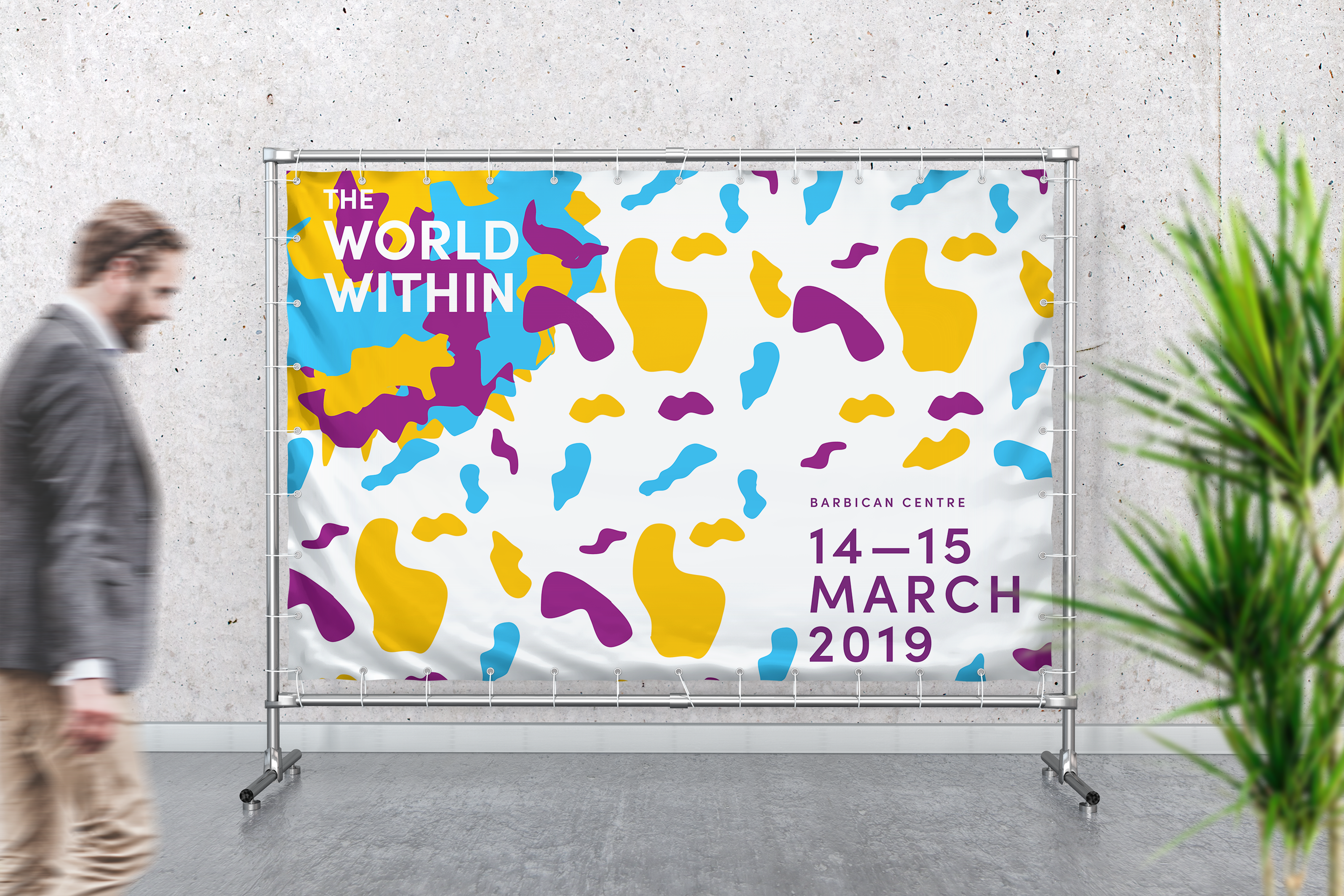 A large banner for The World Within event with colourful shapless blobs.
