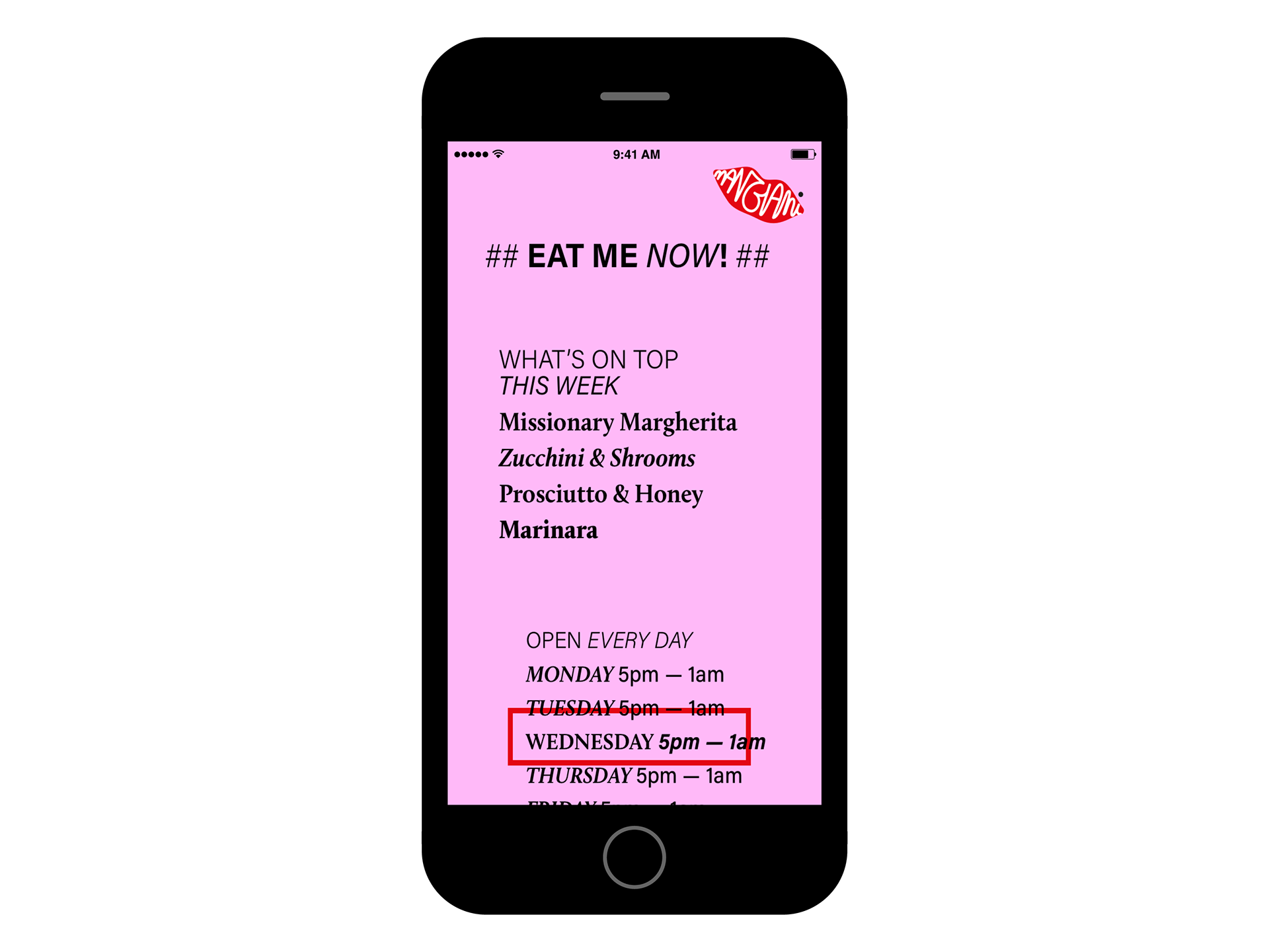 A brutalist mobile website for Mangiami featuring the pizzas of the week and opening times.