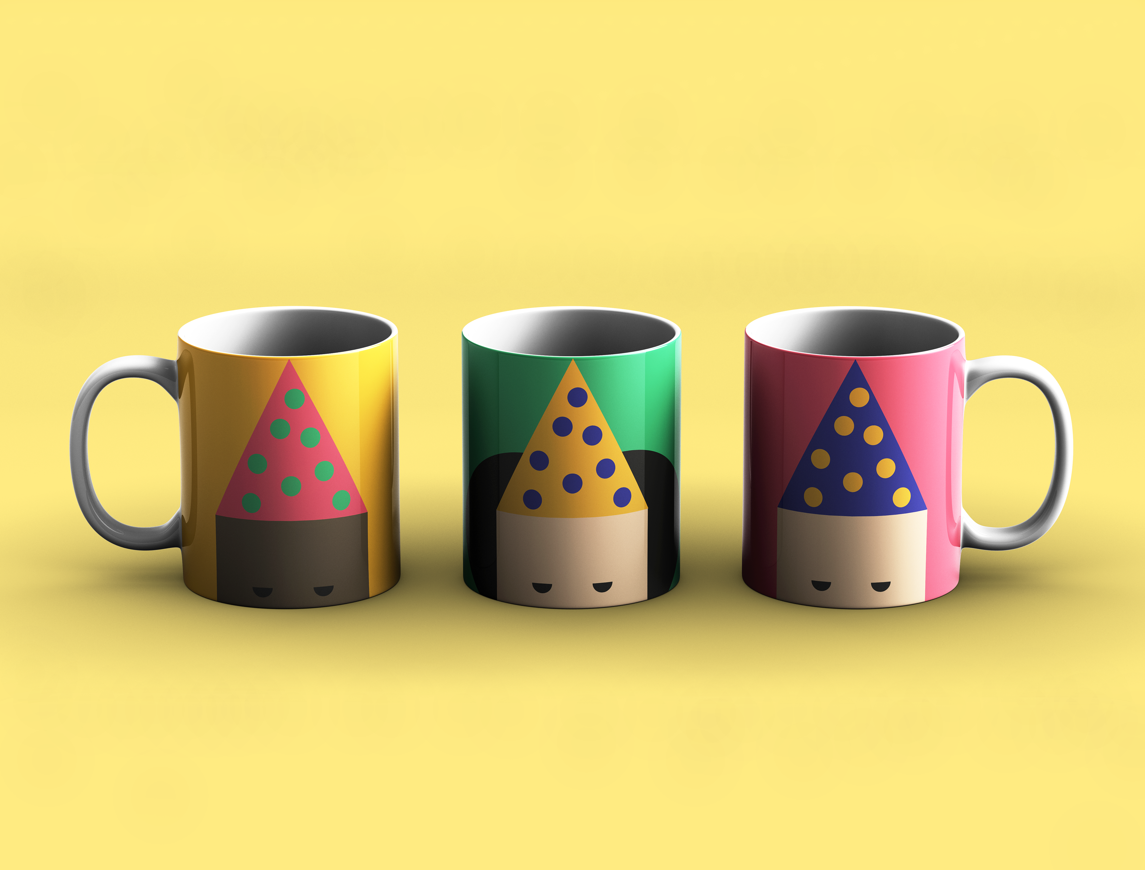 Colourful mugs with illustrated faces wearing party hats on them.