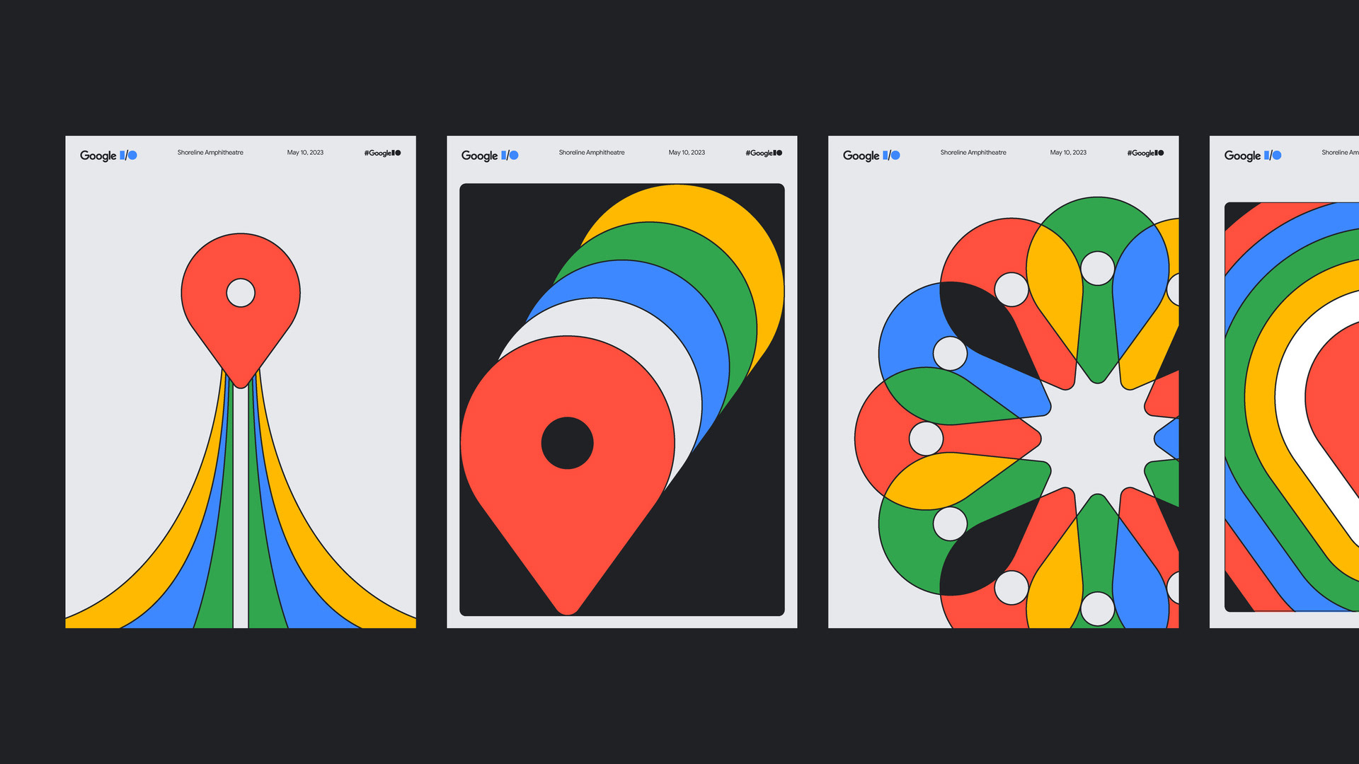 Four illustrative posters for the I/O event feturing varying creative uses for the synonomous Google Maps pin.