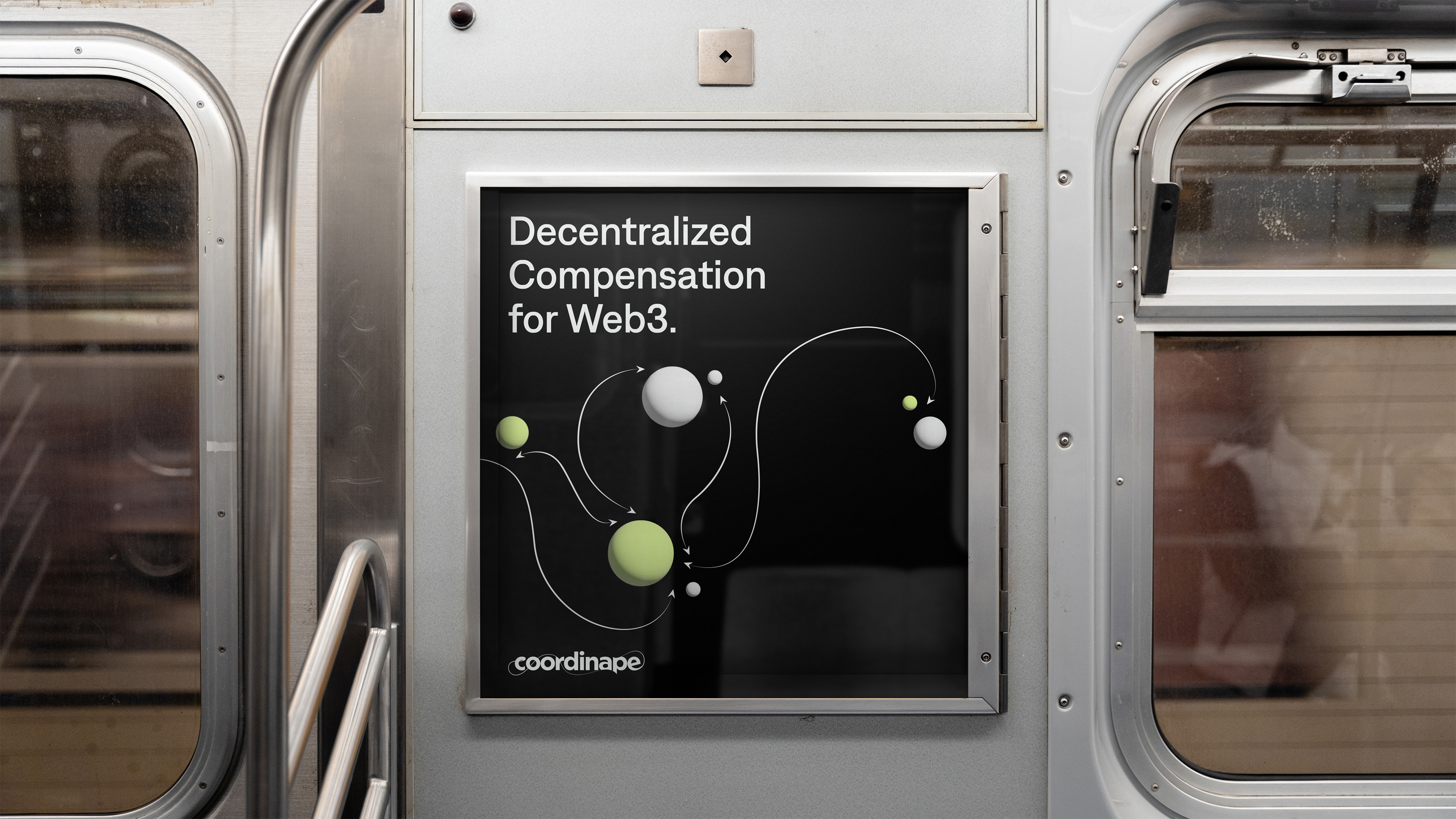 A close-up image of a subway carriage advertising board featuring the Coordinape branding with a symbiotic connected dots pattern and the title, 'Decentralised compensation for Web3.'