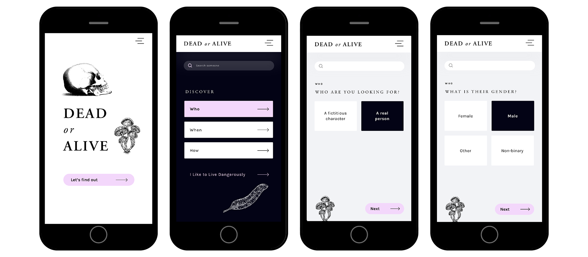 UI for the Dead or Alive app showing the user journey.