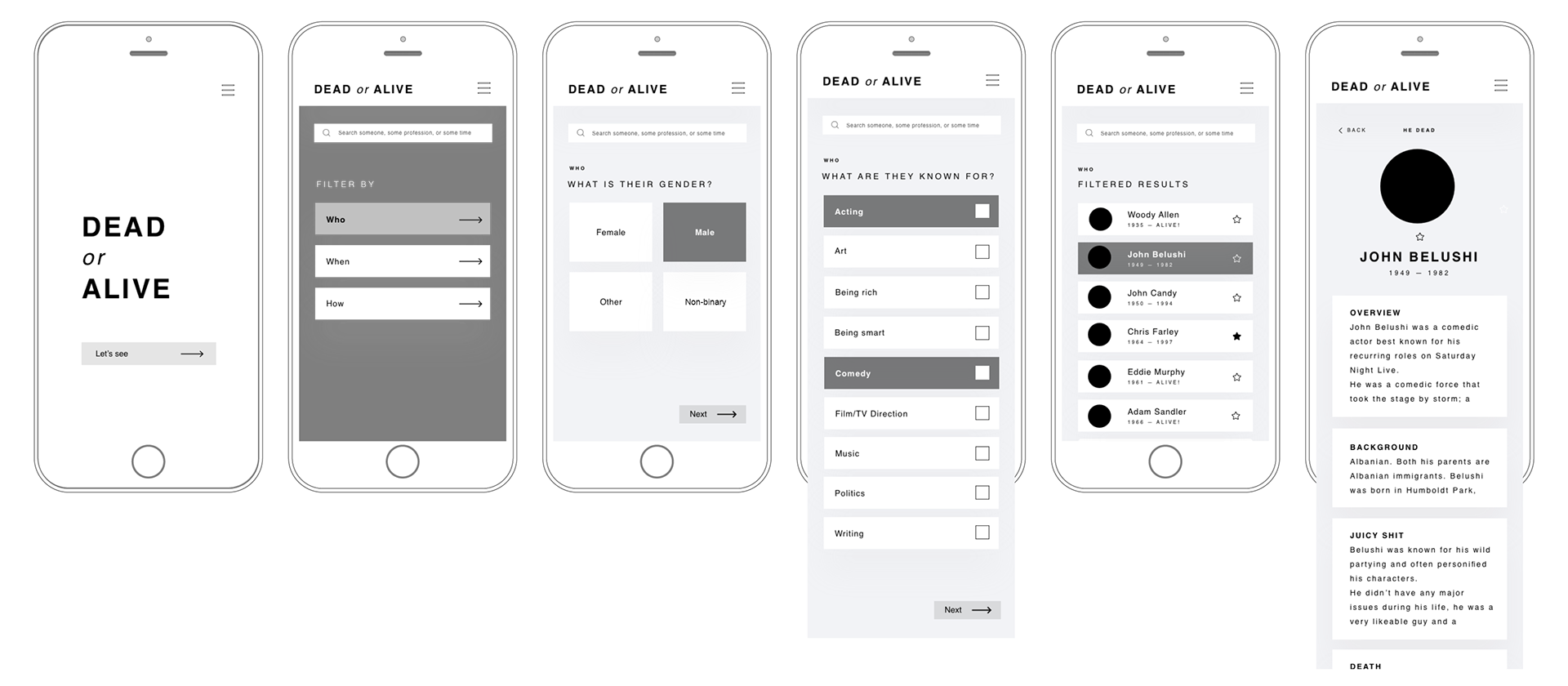 Wireframes for the Dead or Alive app.