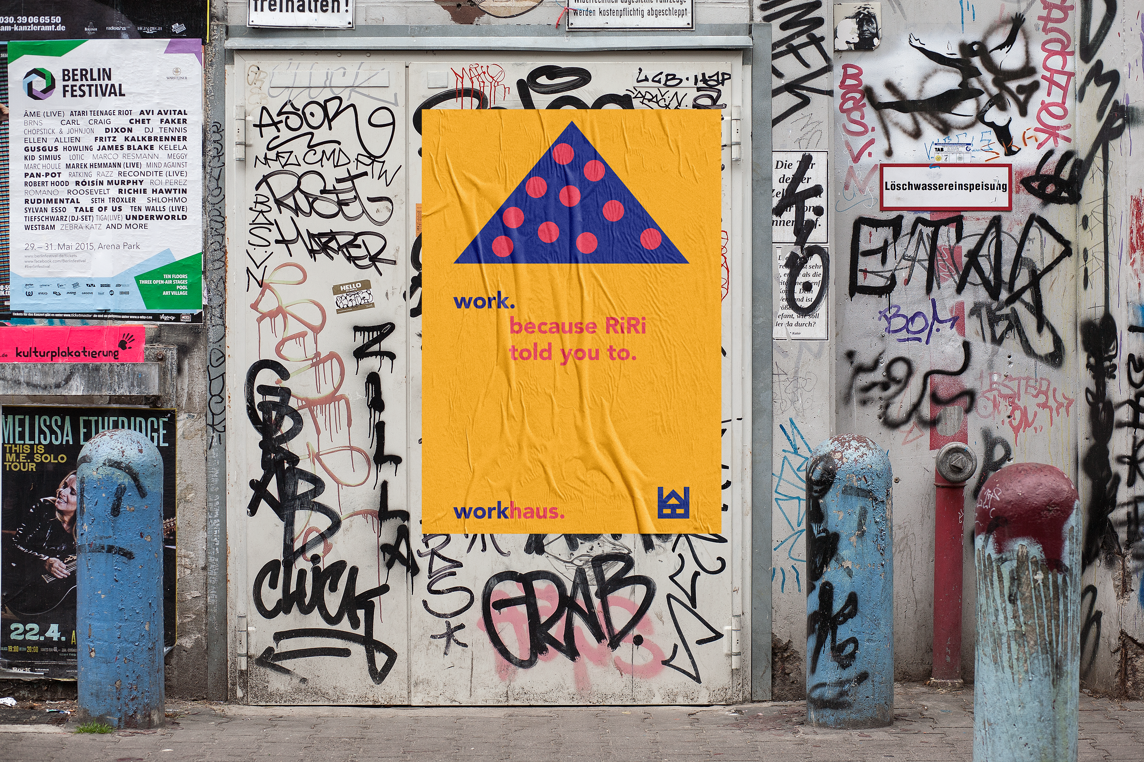 An advertising poster for Workhaus with a giant party hat and the words 'work, because RiRi told you to'.