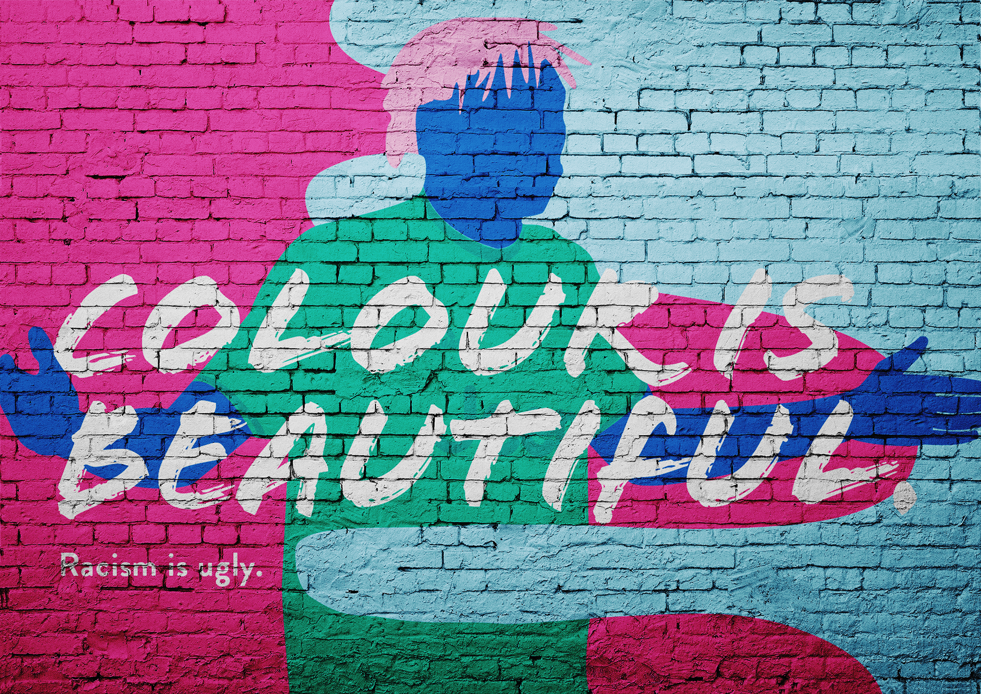A colourful mural of Moise Kean for Juventus illustrated with blobs in the background and the words 'colour is beautiful' written across.