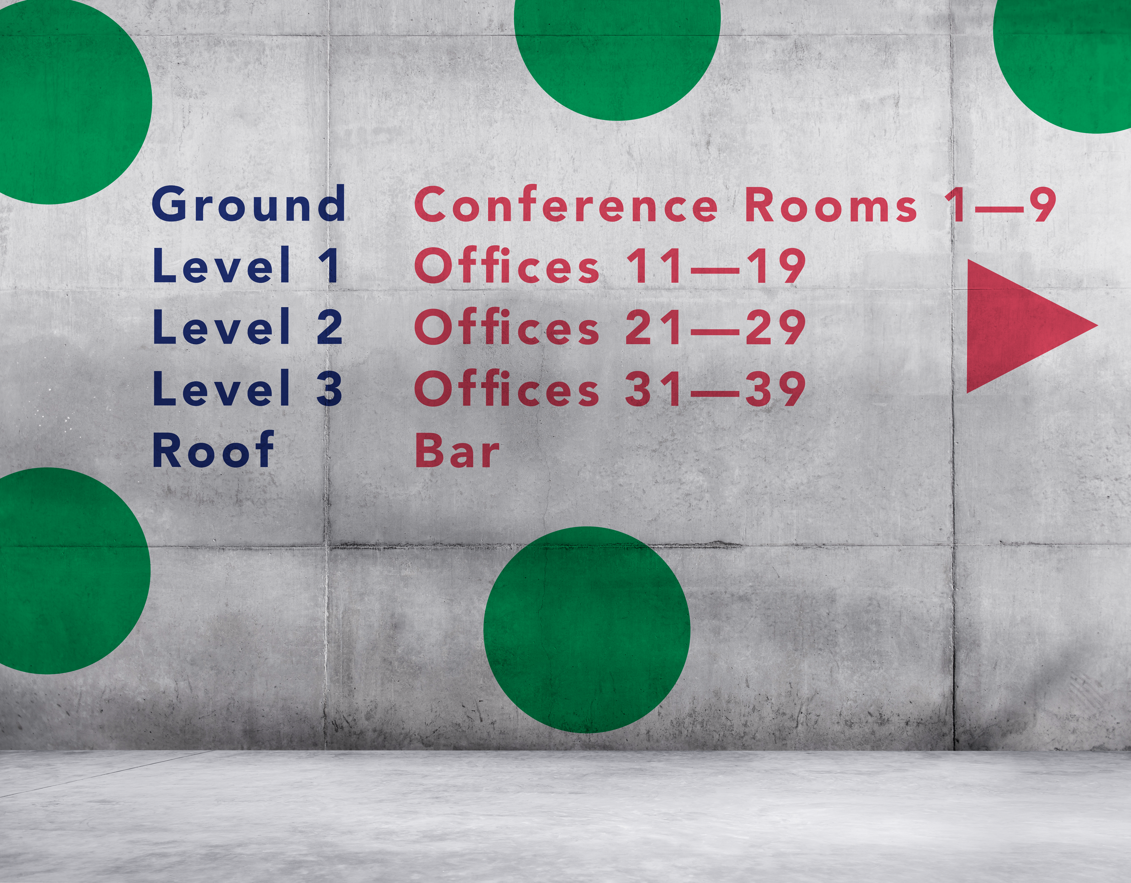 An interior wall of Workhaus with wayfinding.