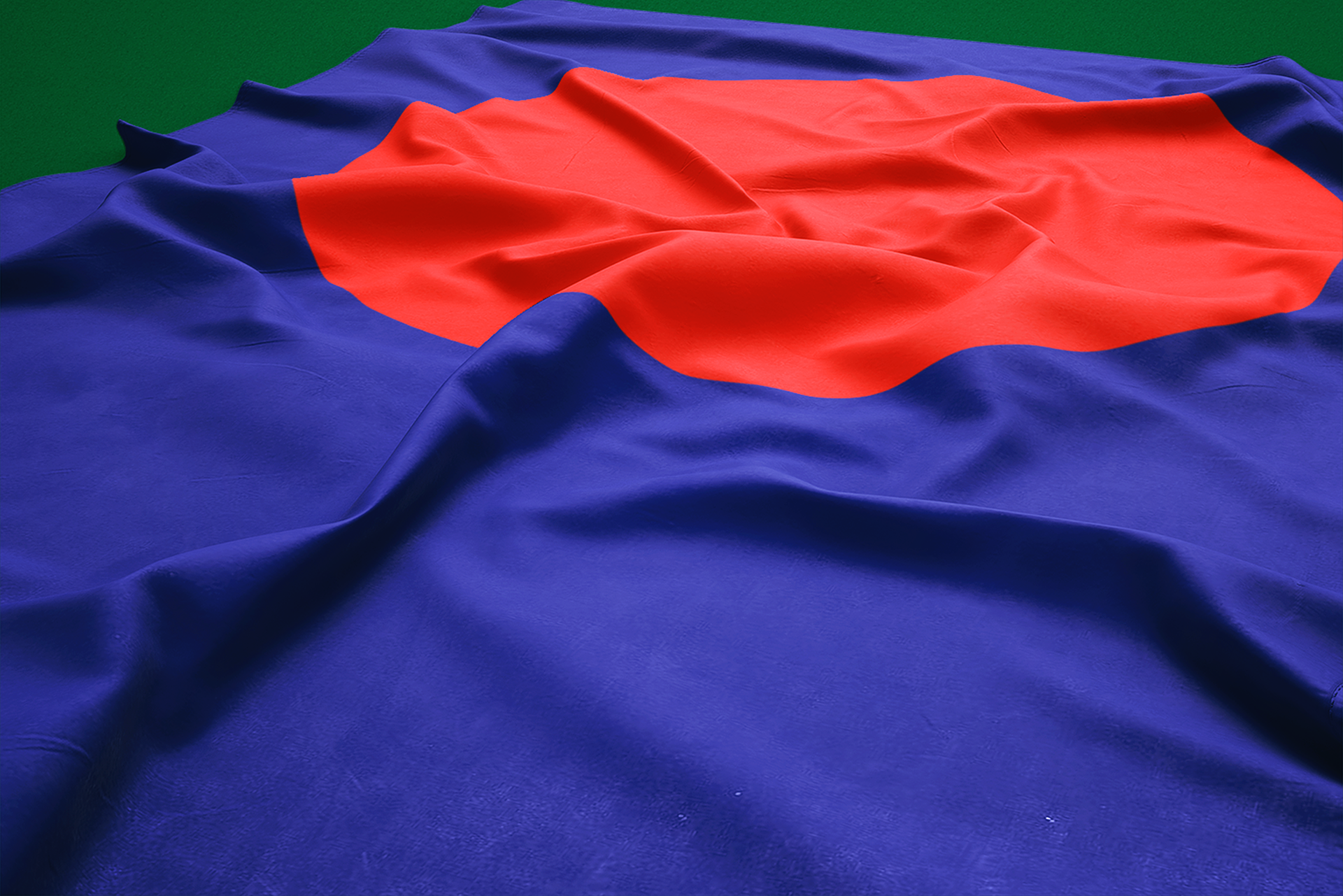 A blue flag with an off-centre big red dot furled on a green floor.