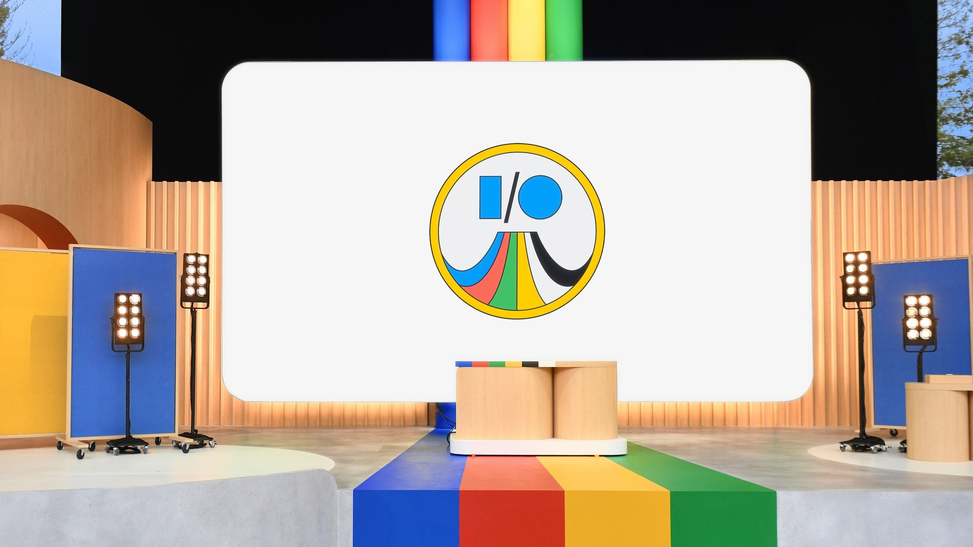 An image of the the Google I/O 2023 stage in all it's colourful Google branding.