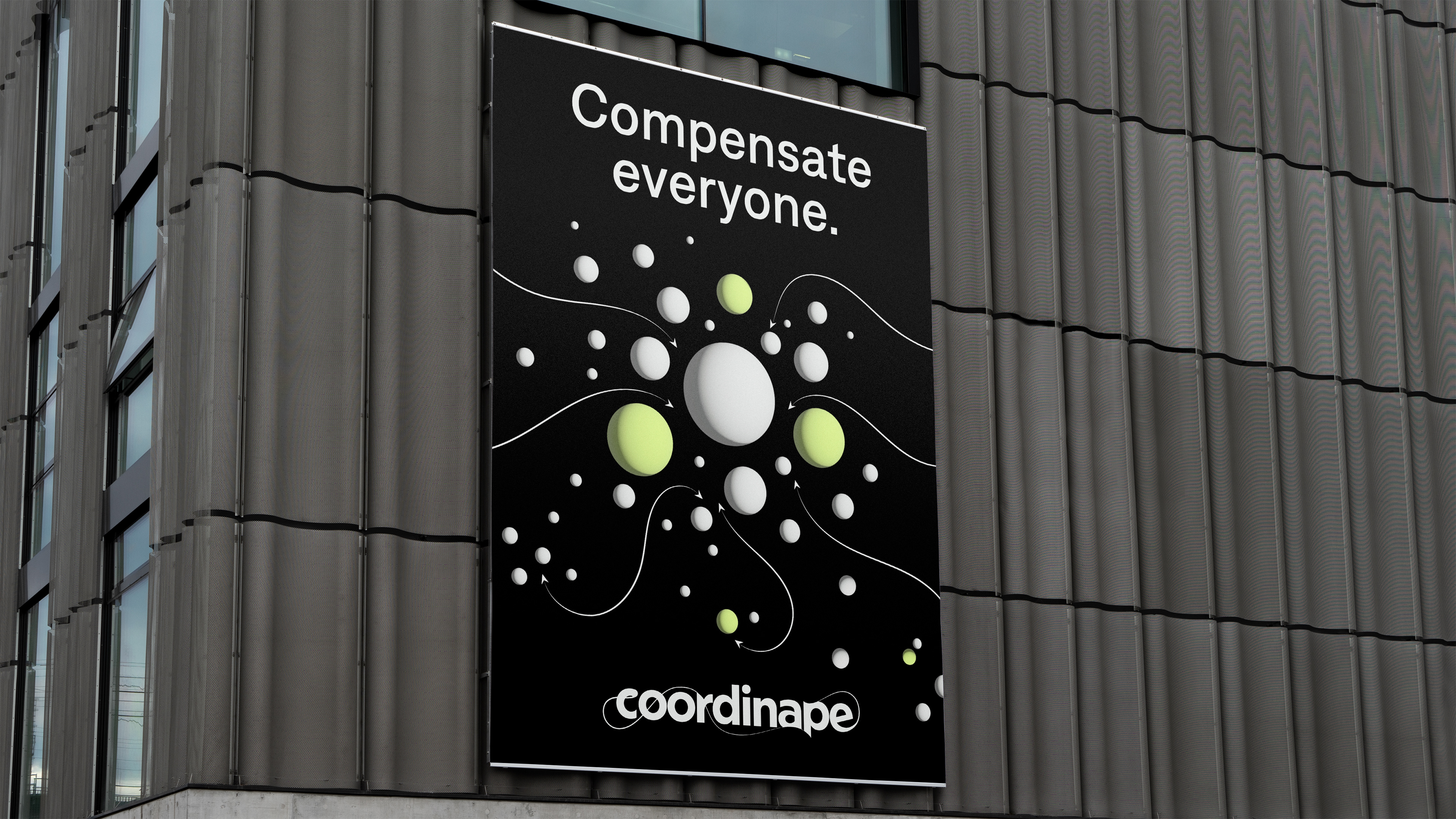 A close-up image of a billboard featuring the Coordinape branding with a symbiotic connected dots pattern and the title, 'Compensate everyone.'