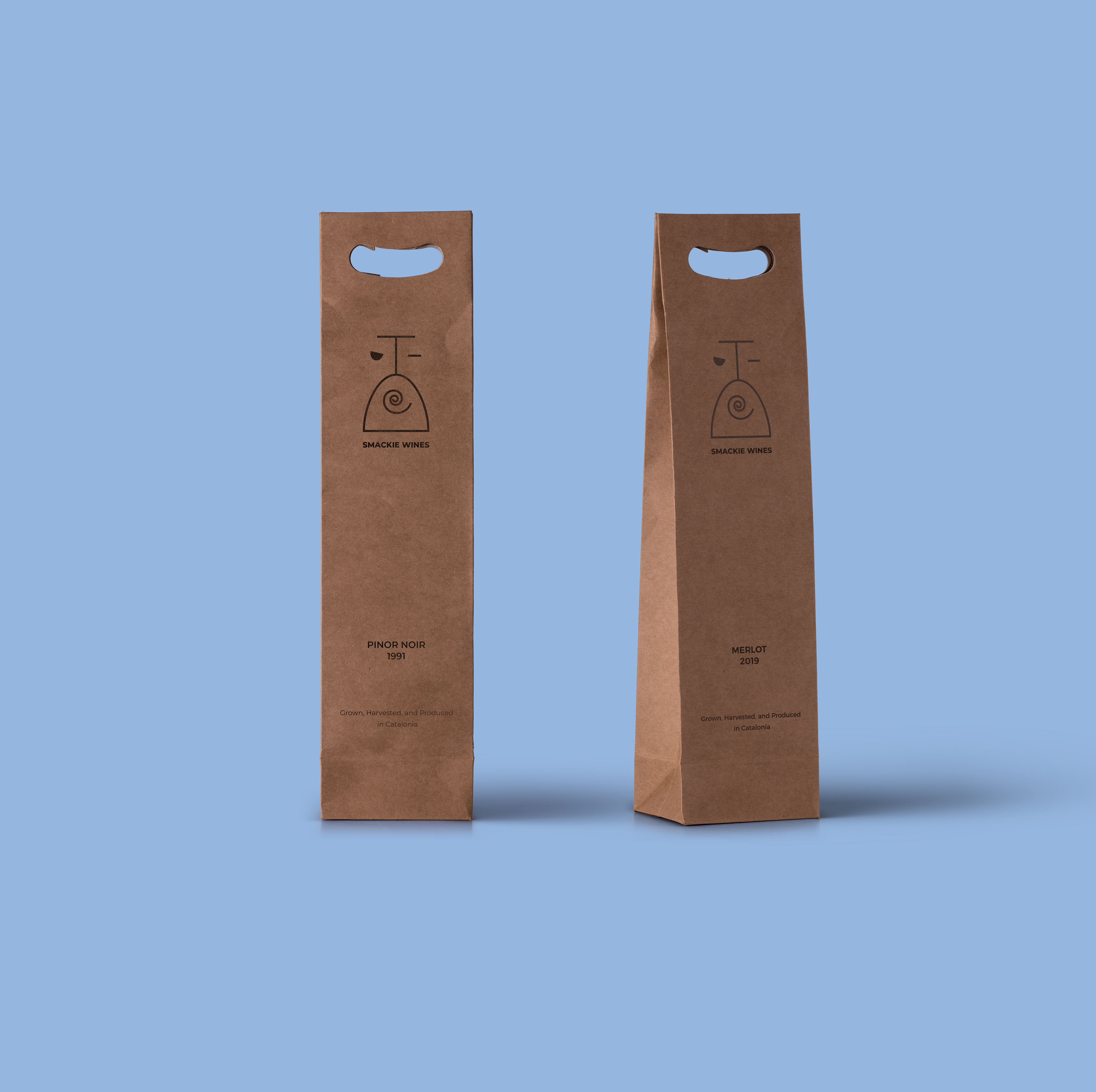 Subdued brown paper bags as packaging for Smackie Wines.