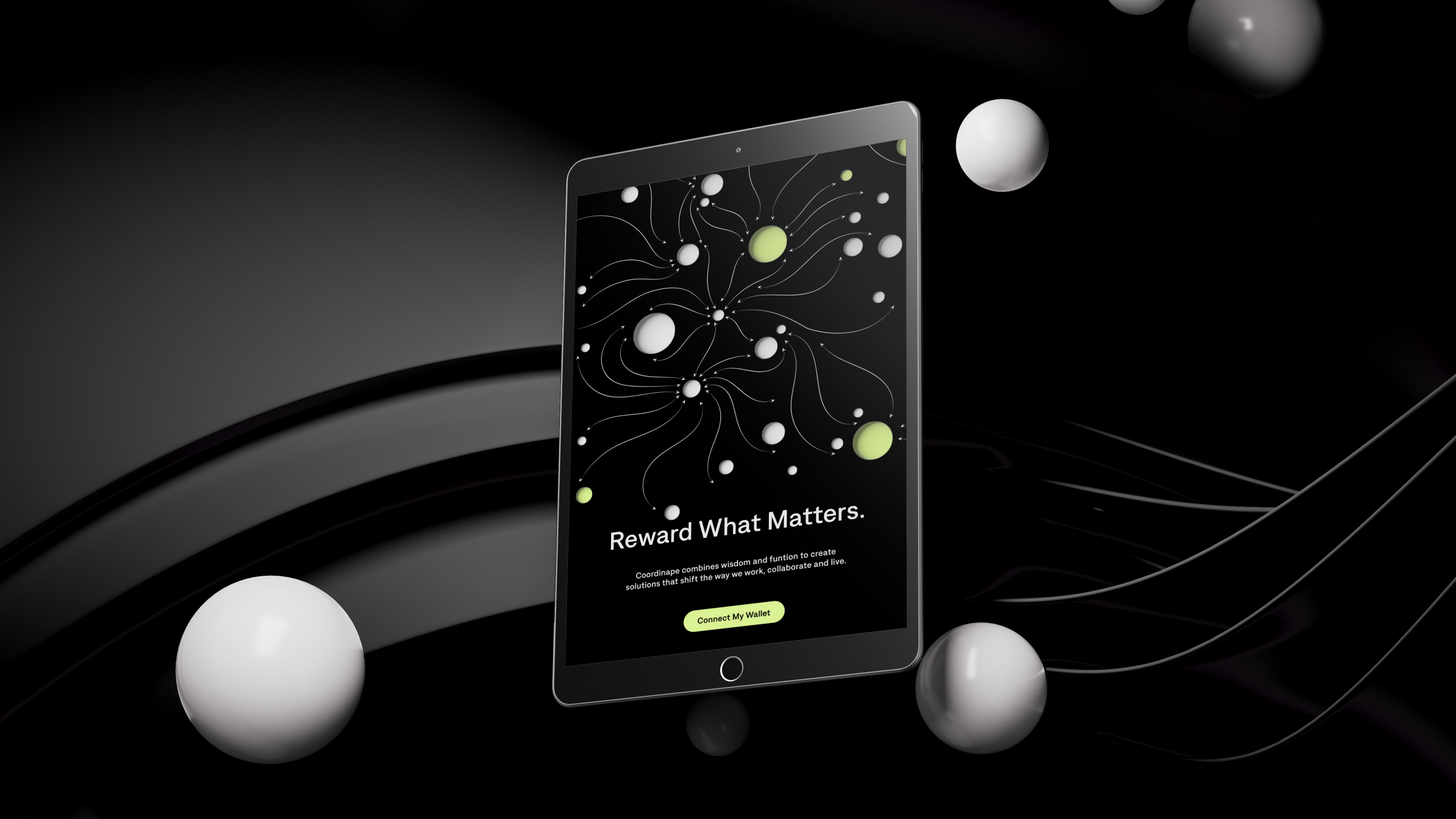 A close-up image of a tablet featuring the Coordinape website with a symbiotic connected dots pattern and the title, 'Reward what matters.'