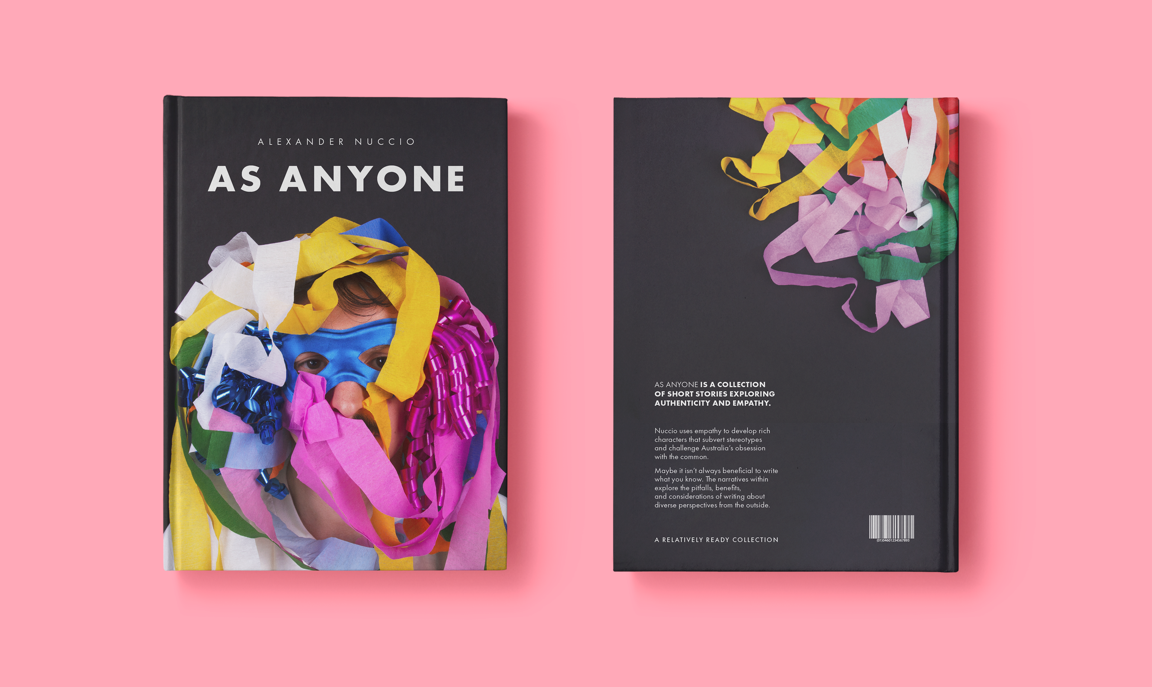 Front and back book cover to As Anyone with mutli-coloured streamers mask wearing person on front and sprawled party supplies on back.