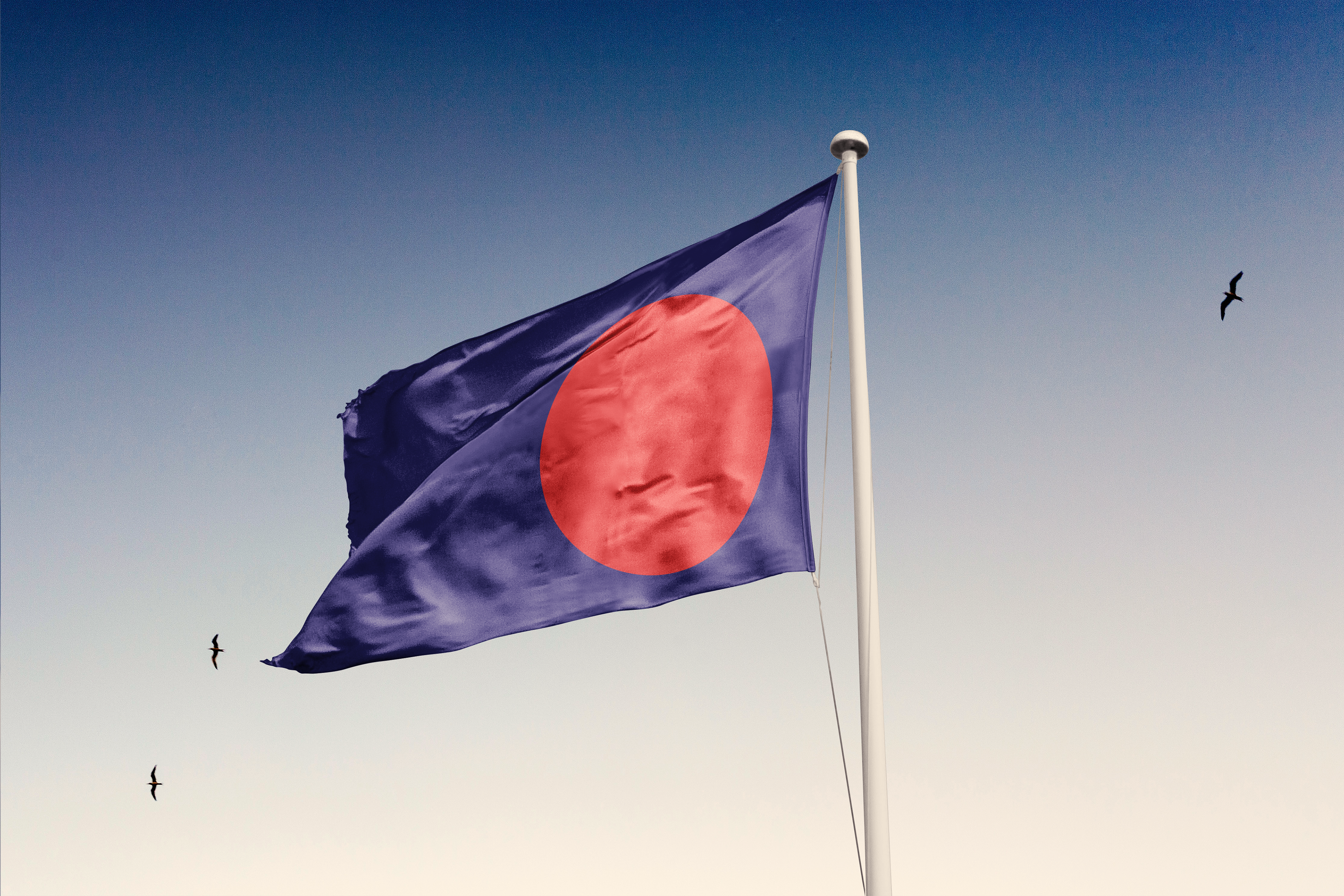 A blue flag with an off-centre big red dotflying in the sunset.