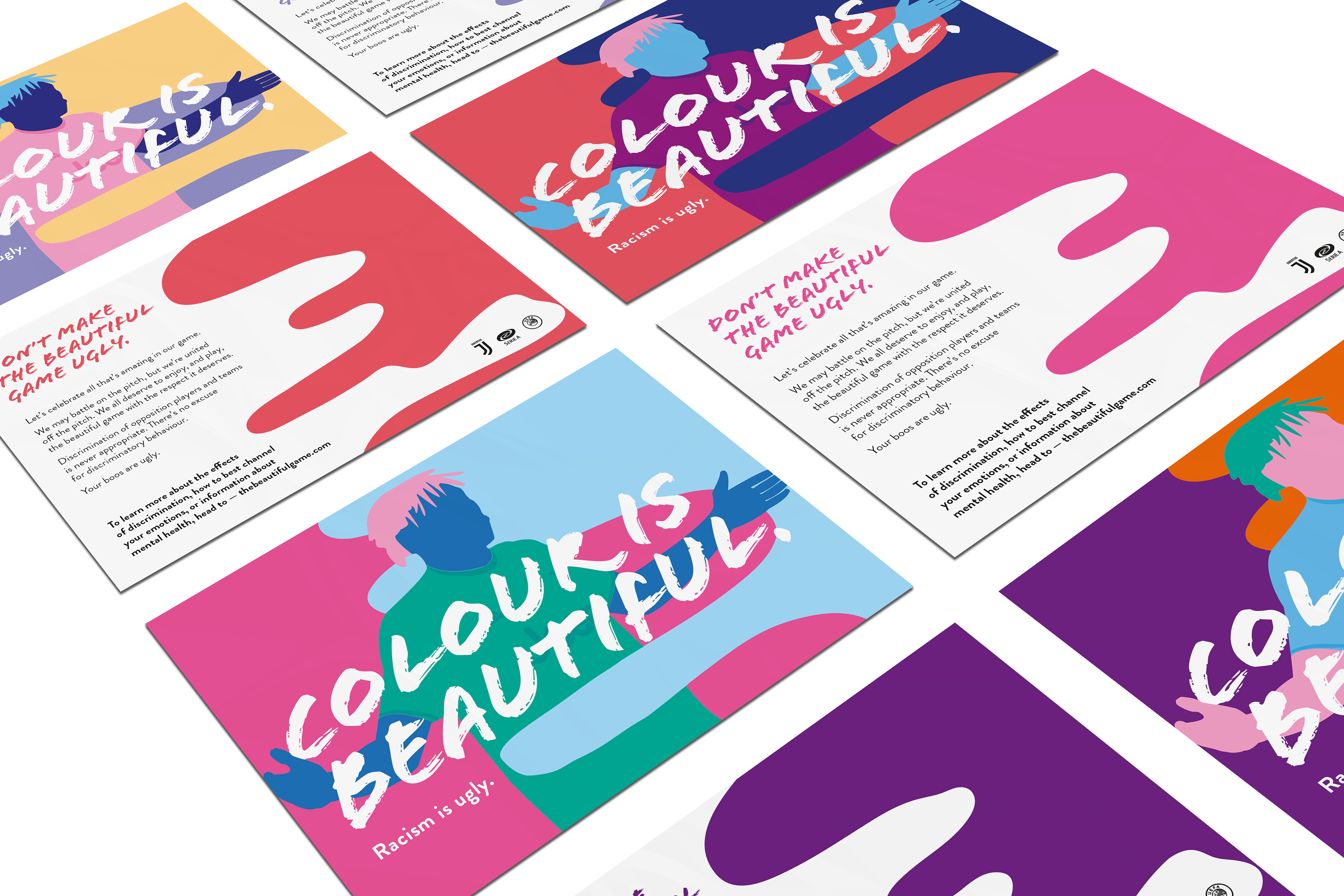 Colourful postcards of Moise Kean for Juventus illustrated with blobs in the background and the words 'colour is beautiful' written across.