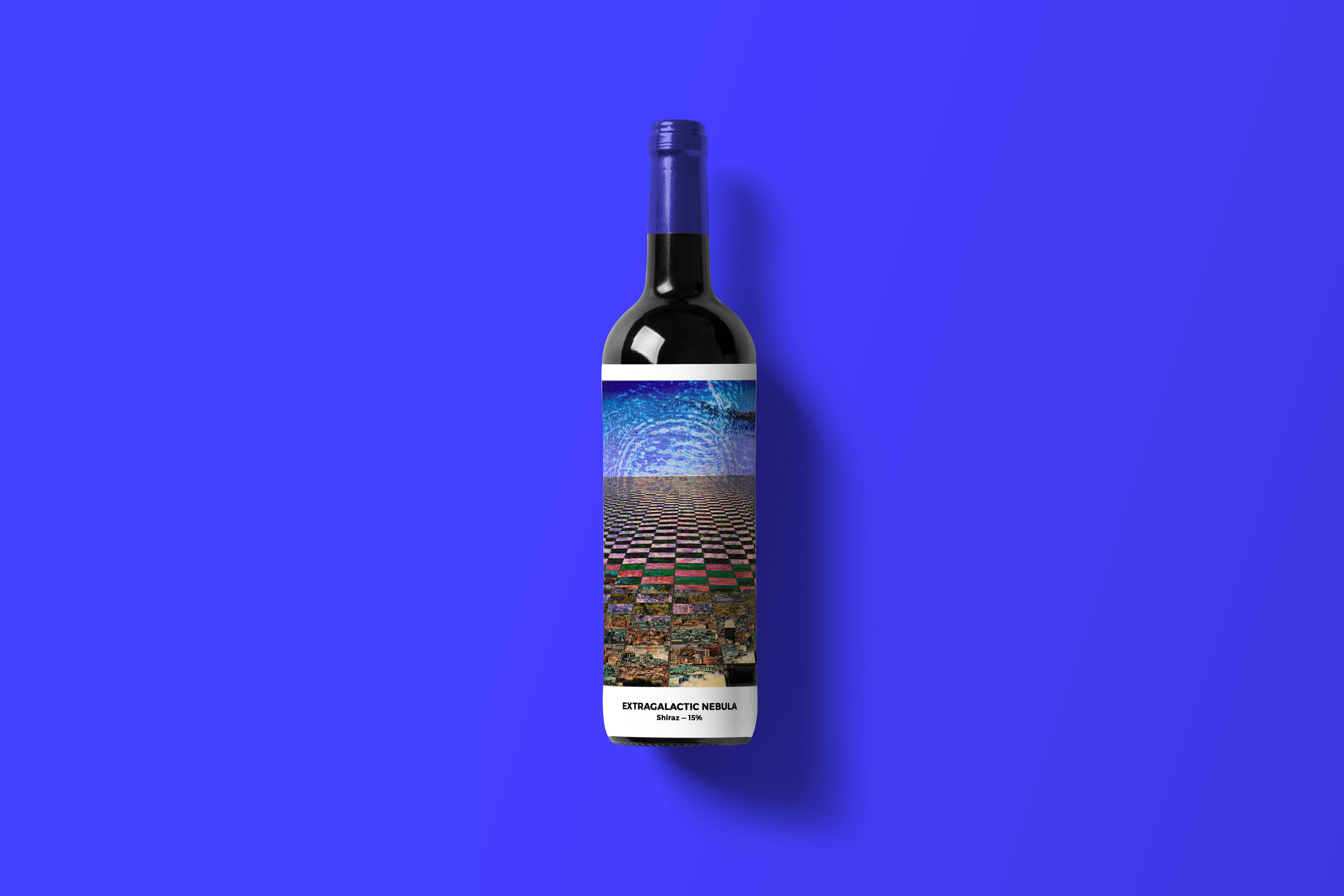 A wine label with intense colourful photo collage.