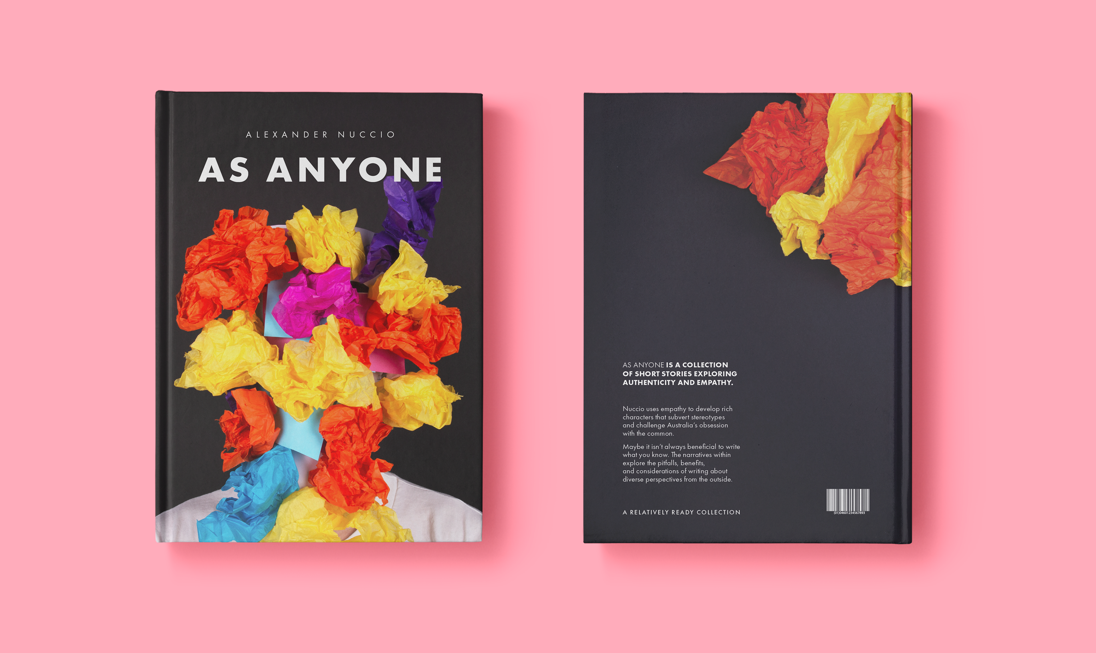 Front and back book cover to As Anyone with mutli-coloured scrunched up paper mask wearing person on front and sprawled party supplies on back.