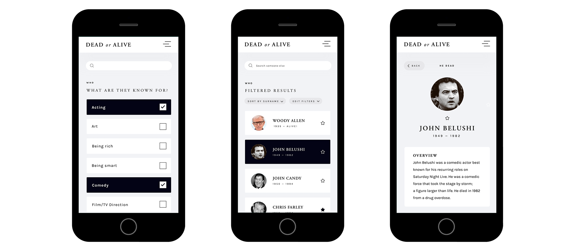 UI for the Dead or Alive app showing the user journey.