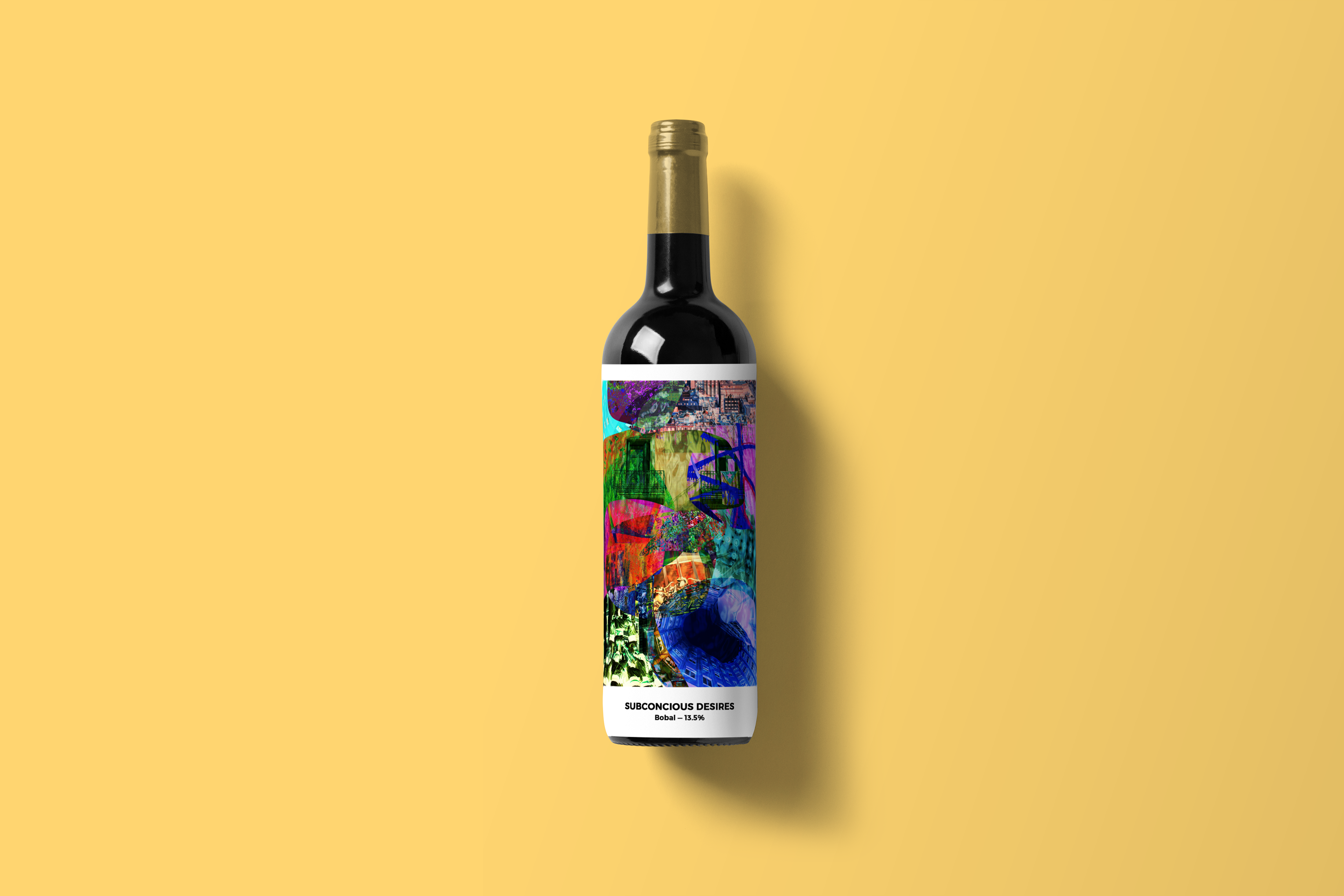 A wine label with intense colourful photo collage.