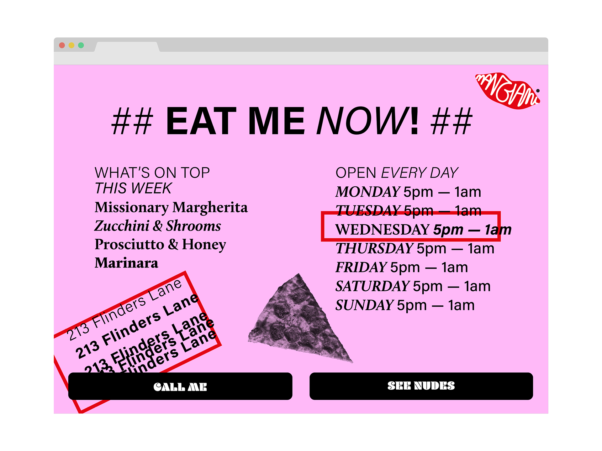 A brutalist desktop website for Mangiami featuring the pizzas of the week and opening times.