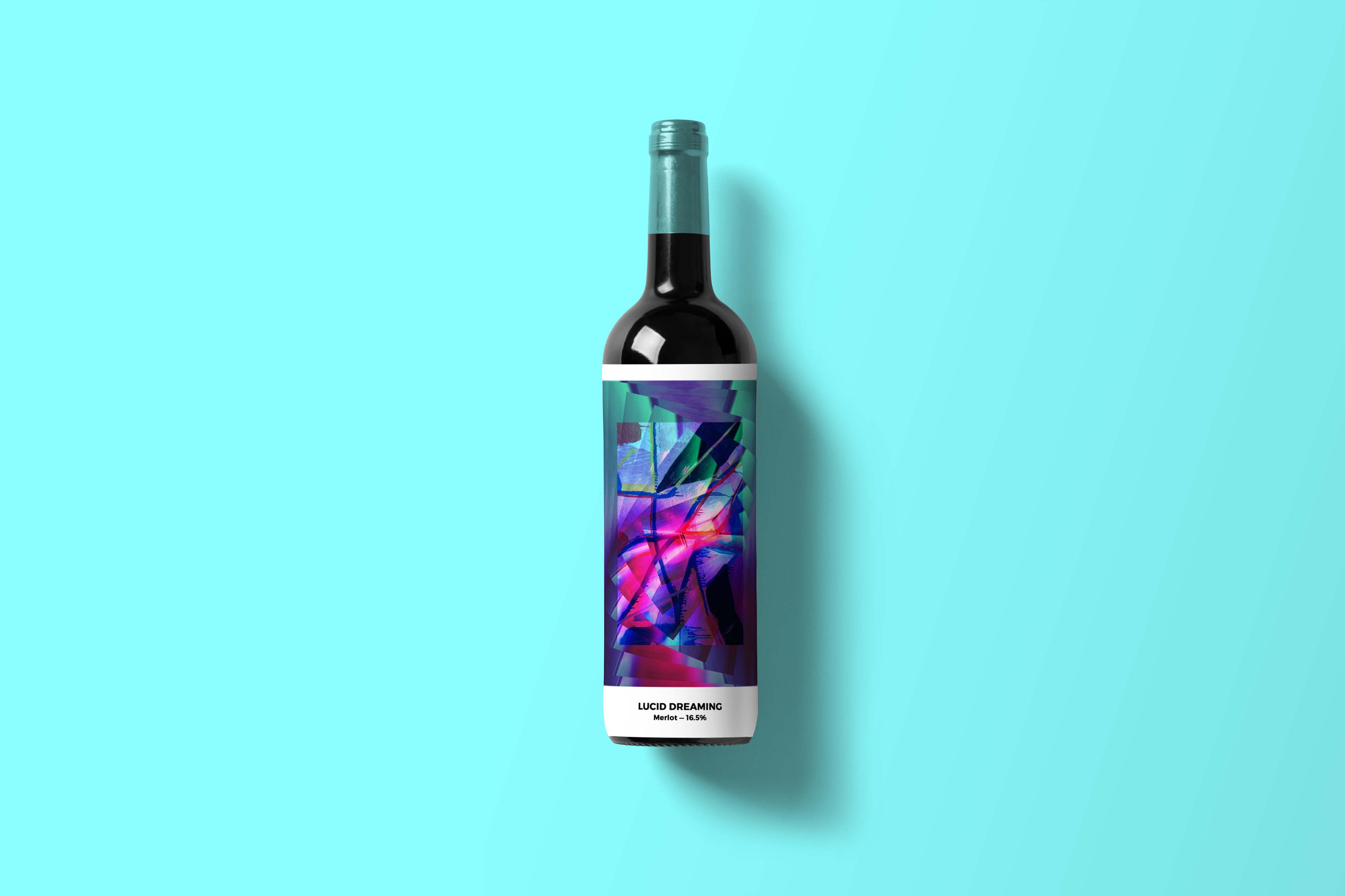A wine label with intense colourful photo collage.
