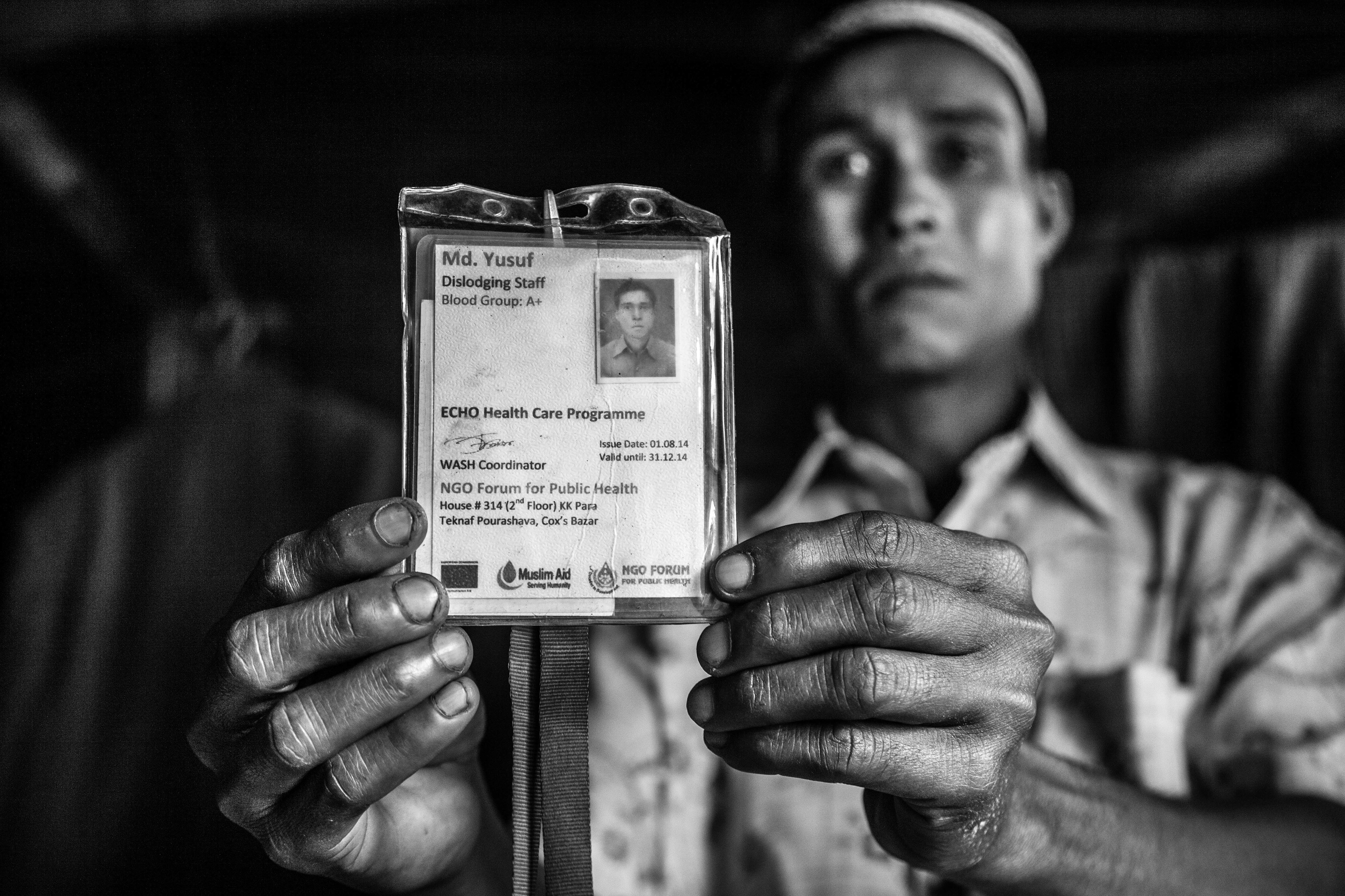 "Expired." Leda Camp, Teknaf, Bangladesh. Jan 2016. NGOs such as Muslim Aid, NGO Forum and Islamic Relief ended their humanitarian efforts within Leda Camp because the Bangladeshi government consistently refused to approve of their programs and projects that benefited the Rohingya. Qualified men like Mohammed Yusuf can no longer support their community without the necessary resources that were once provided. Hundreds of Rohingyas are suffering or dying from curable diseases in these kinds of camps.