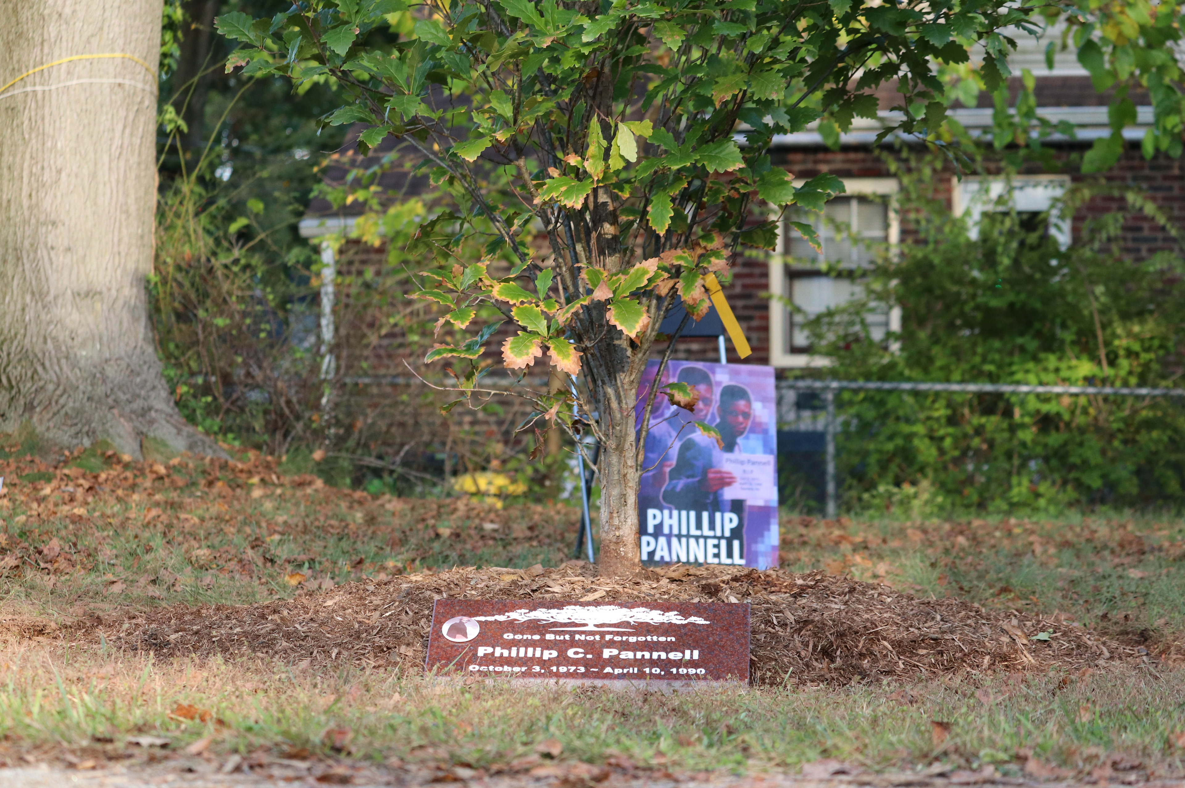 A new tree and plaque is placed in memory of Phillip Pannell at Bernard E. Brooks park in Teaneck on Saturday, October 3rd, 2021. (Photo/Sunah Choudhry)