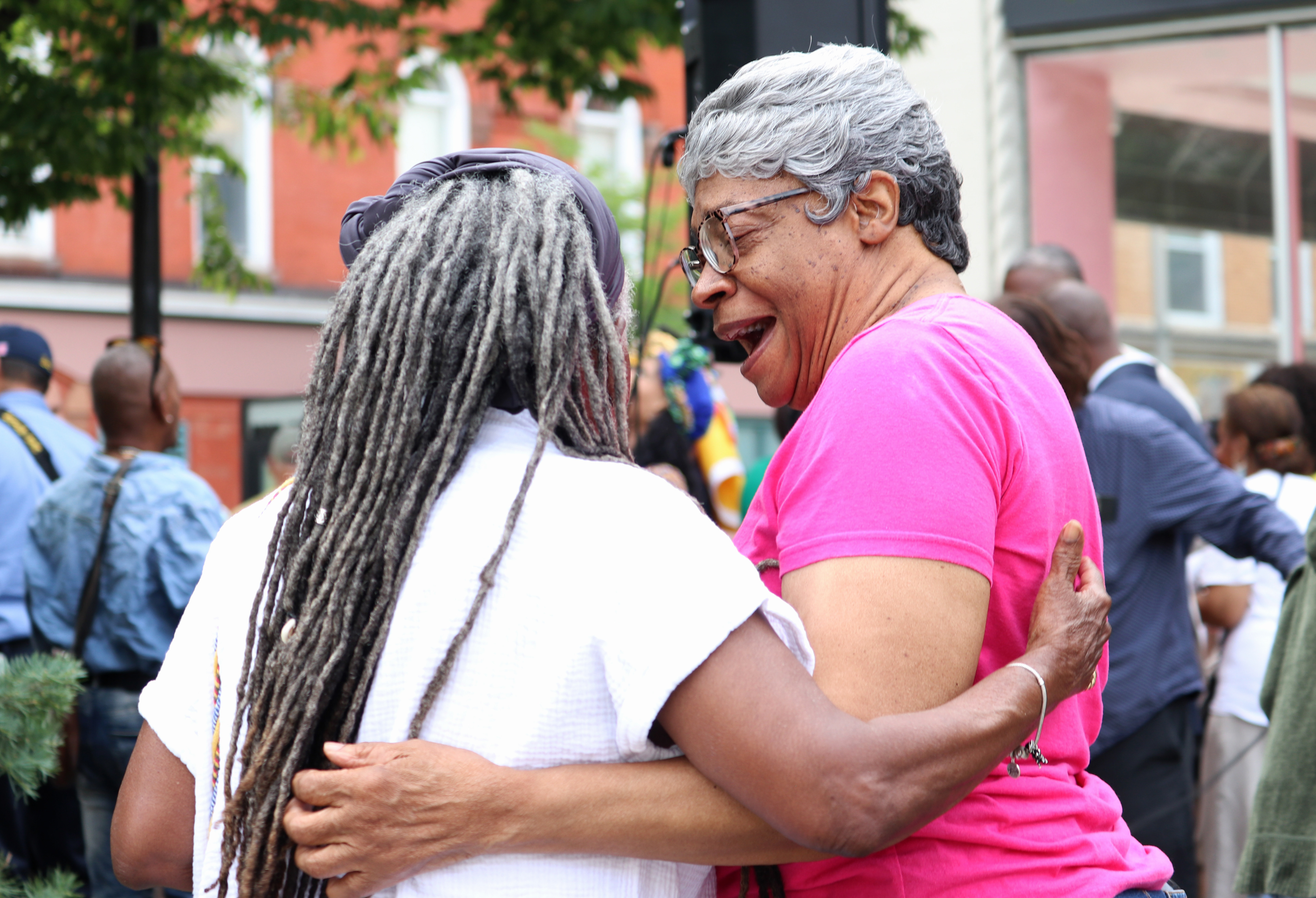 MONTCLAIR, NJ 06/19/2026 JUNETEENTH FLAG RAISING: Longtime Montclair residents and best friends Gloria Jean Smith and Juaeita Livienston become emotional after the Juneteenth flag raising ceremony. Montclair residents gathered to honor and celebrate Juneteenth, listen to local politicians and leaders, and watch a performance by the students from Beyond the Boogie Dance Company. 